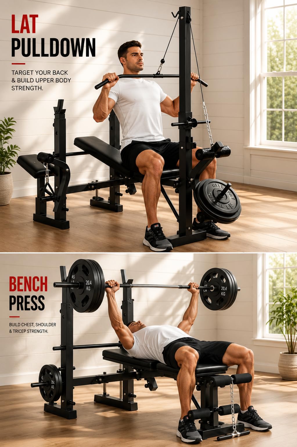 Garvee 8 in 1 Olympic Weight Bench Set with Leg Extension & Curl, Adjustable Bench Press Set with Rack, Preacher Curl Pad, Chest Fly，Lat Pulldown, Multi-Function Home Gym Strength Training Equipment