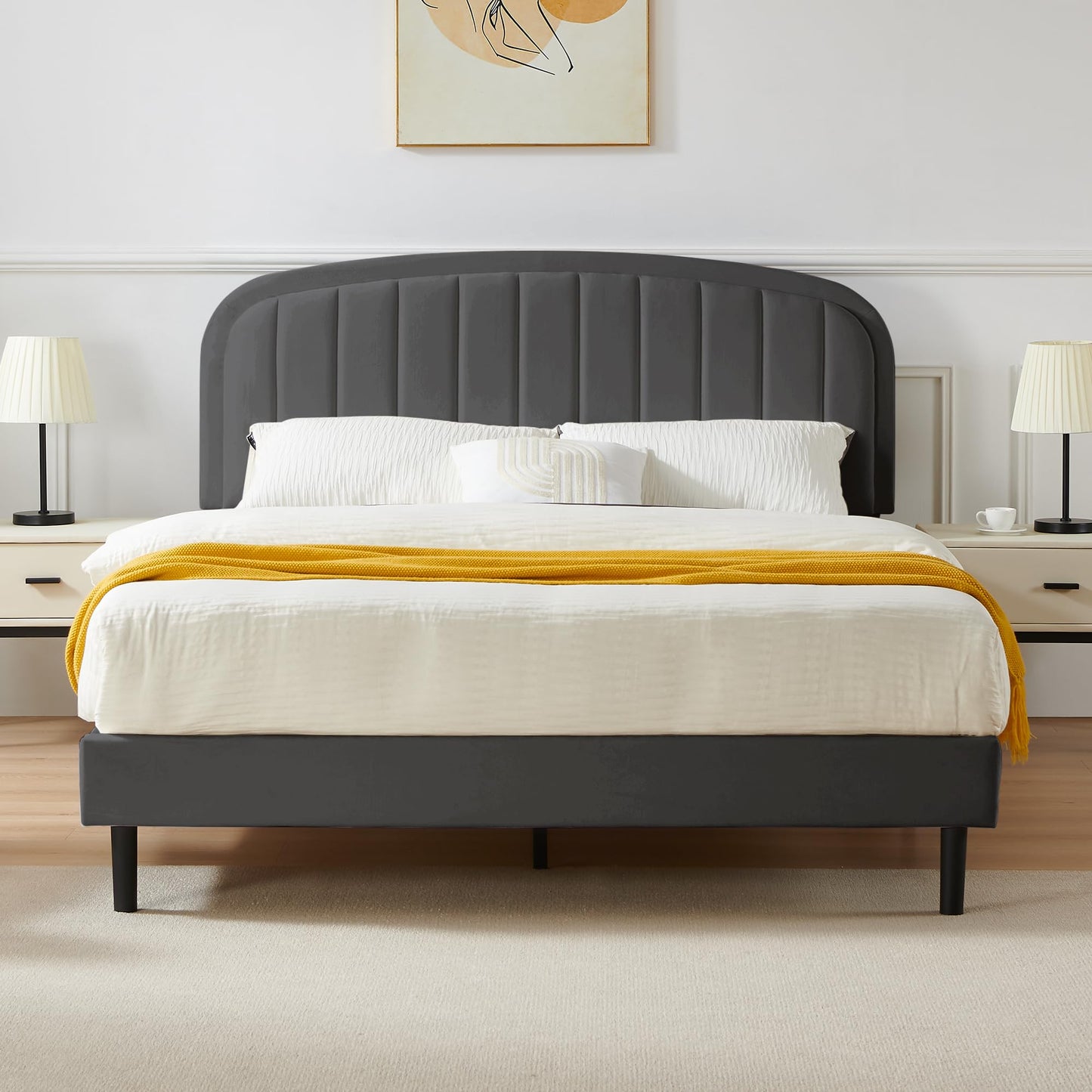 Furnify King Size Bed Frame, Velvet Upholstered Platform Bed with Vertical Channel Tufted Headboard, Rounded Corners Design, Metal Bedframe with Wooden Slat, No Box Spring Required, Grey