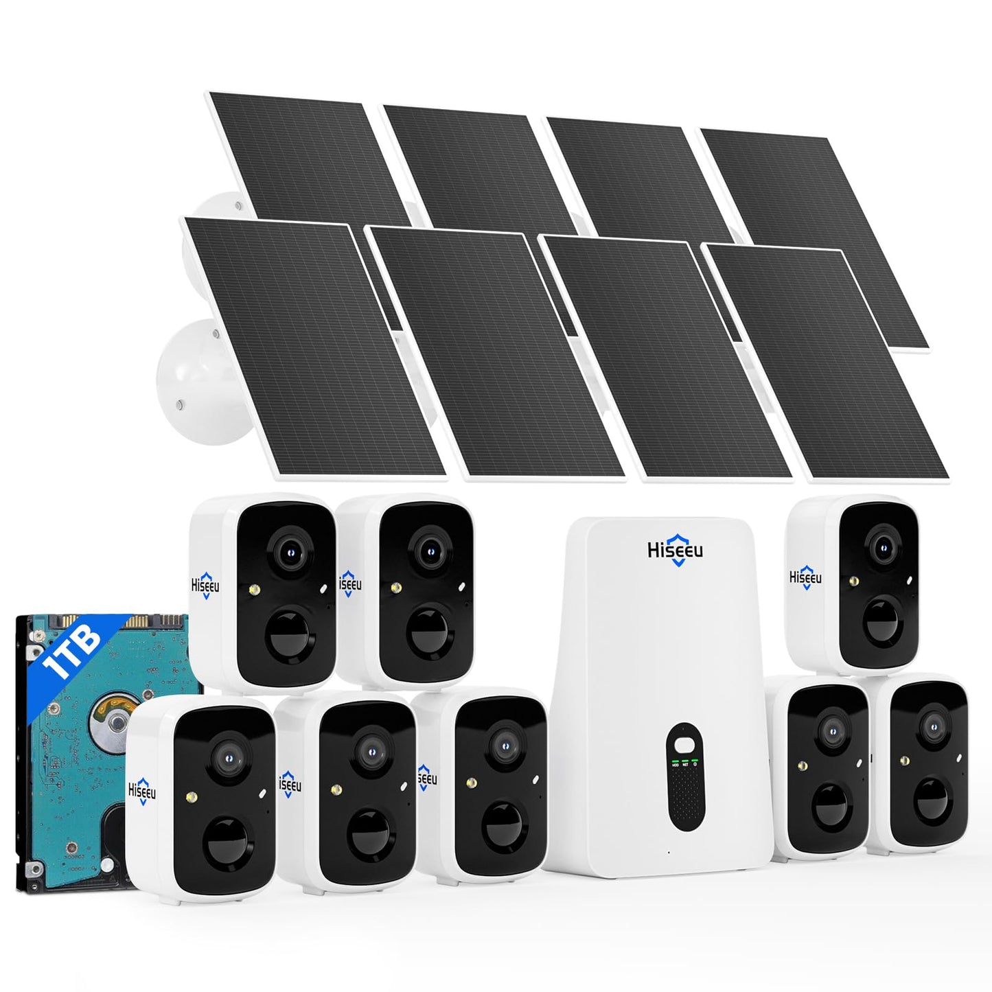 Hiseeu Solar Security Cameras Wireless Outdoor System, 8 Cam-Kit, Expandable to 10CH, No Monthly Fee, Solar-Powered, Home Security Cameras System with 2K Color Night Vision, 2.4G & 5G WiFi, 1TB HDD