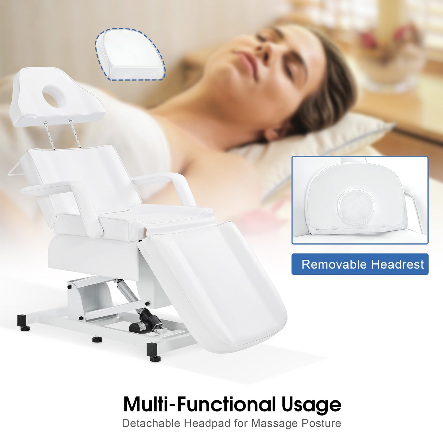 BarberPub 3-Motor Fully Electric Facial Bed, Height-Adjustable Esthetician Massage Table for Salon Spa, Reclining Tattoo Chair with Remote Control 2751 (White)