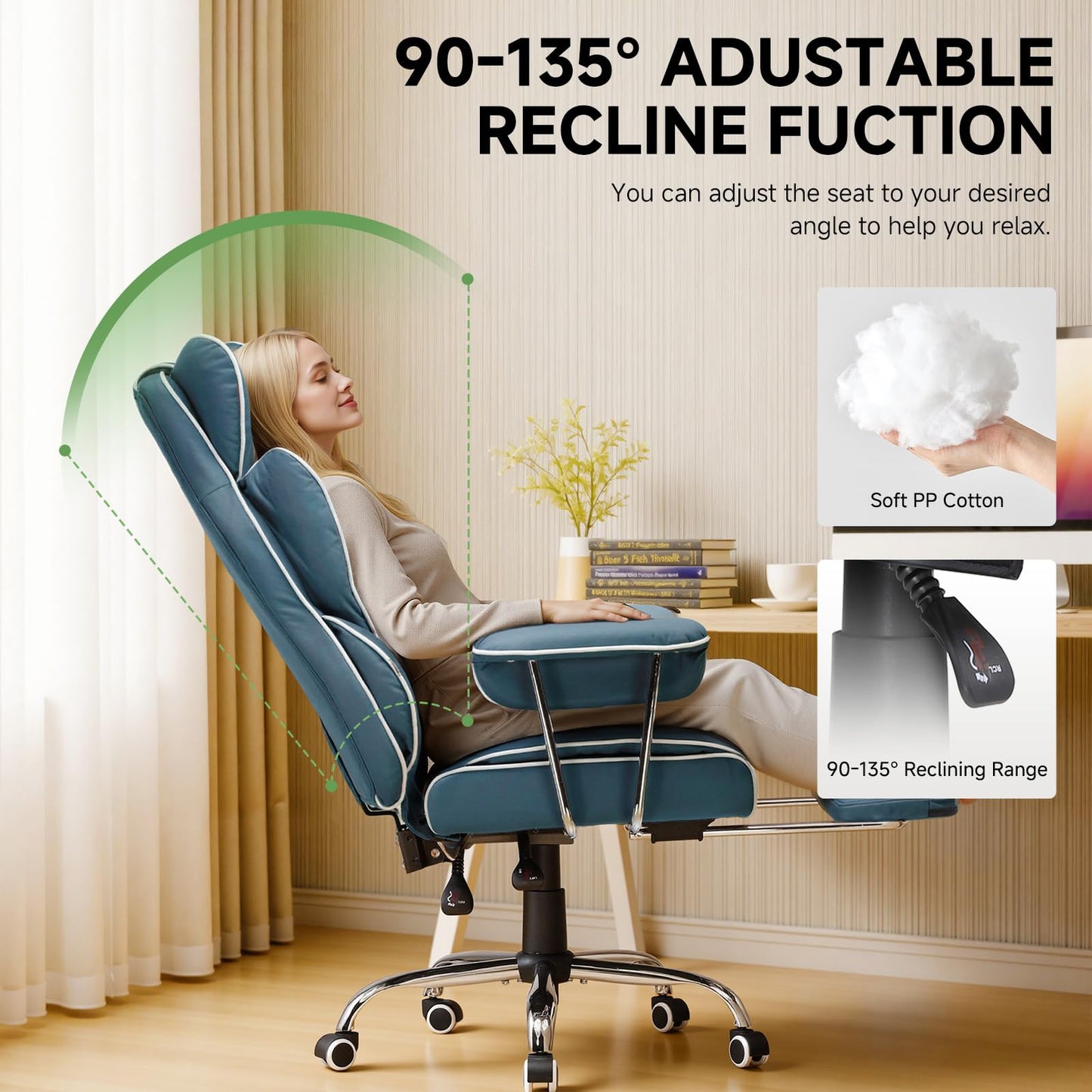 COMHOMA Big and Tall Gaming Chair with Pocket Spring Lumbar Support, Ergonomic Office Chair with Footrest, Executive Desk Chair with Outward Fixed Soft Armrests, Computer Chair with High Back, Blue