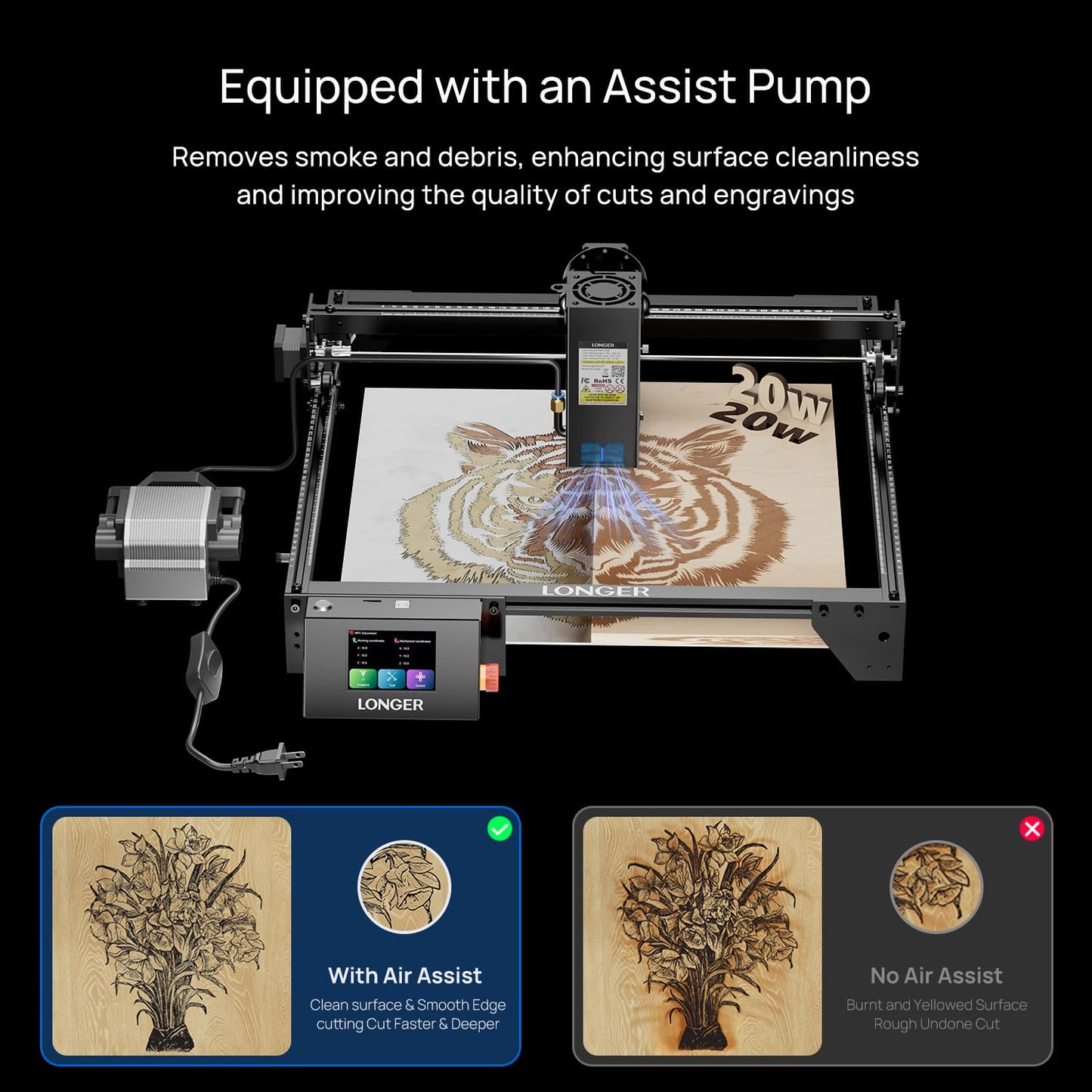 Longer RAY5 20W Laser Engraver, Wood/Leather/Acrylic Engraving Cutting Machine, DIY Desktop Laser Cutter with Safety Protection, Air Assist & 3 in 1 Roller