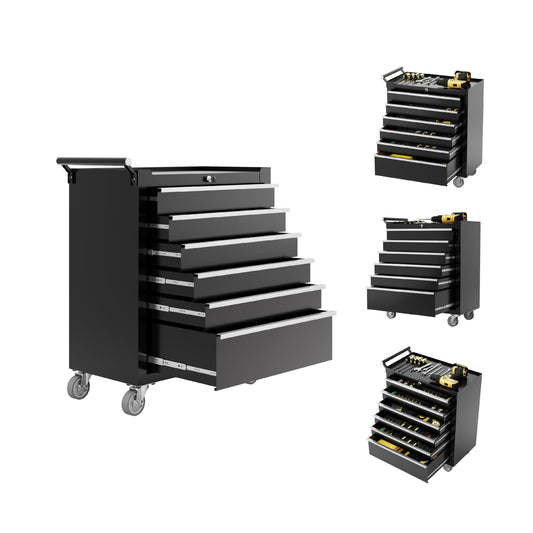 Rolling Tool Box with Wheels – 6 Drawer Heavy Duty Tool Chest Cabinet, Lockable Portable Storage Organizer with Drawer Liners, Mobile Mechanic Toolbox for Garage, Workshop, Shop, Easy Assembly, Black