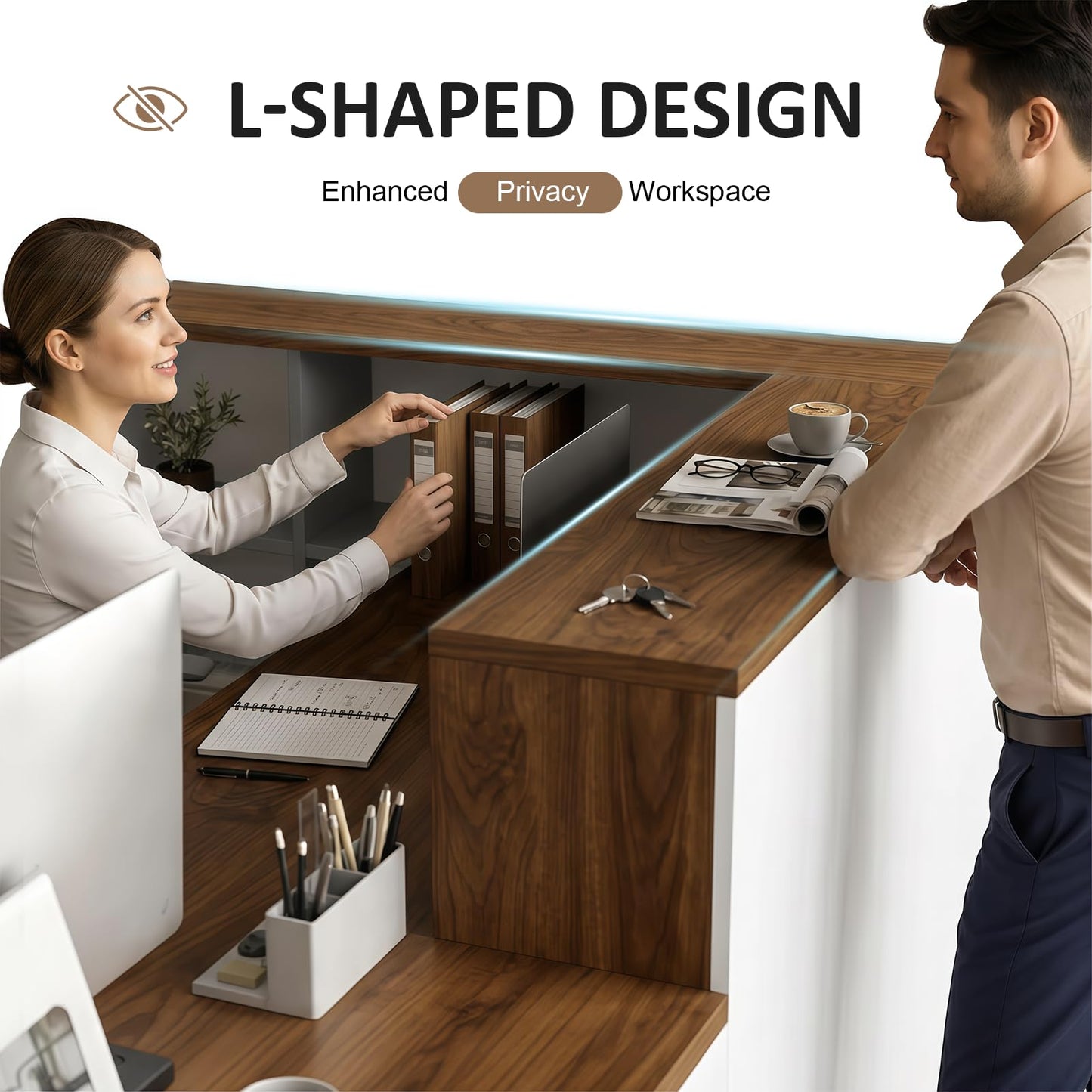 YTElantivo L-Shaped Reception Desk with Counter, 1-Inch Thick Board, Lockable Drawers & Keyboard Tray, Heavy-Duty Front Desk for Office, Salon, Hotel & Clinic