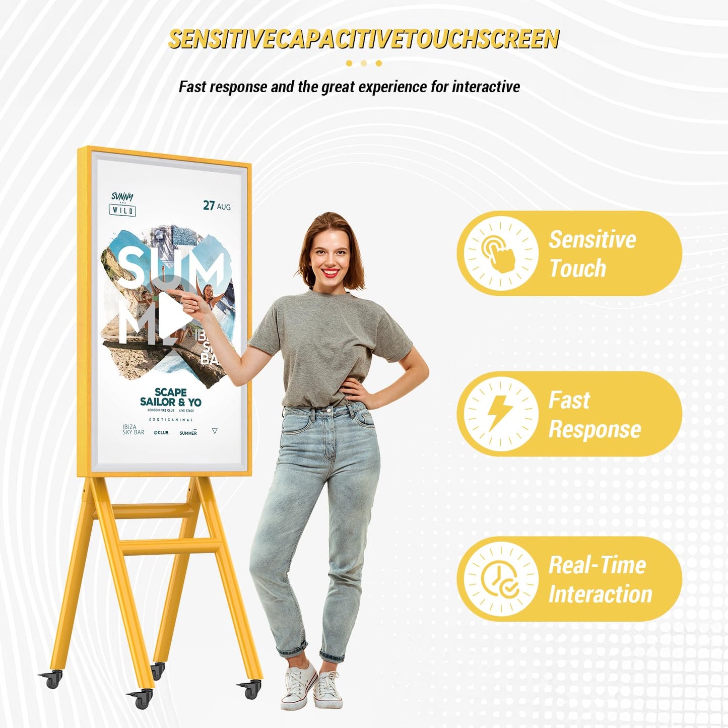 MWE Mobile Digital Signage Display 43in,Portable UHD Touchscreen Advertising Display Kiosk Poster App Publishing,Photo Booth Standby Series Screen Mirroring (Touch Screen, Wooden, 43in)