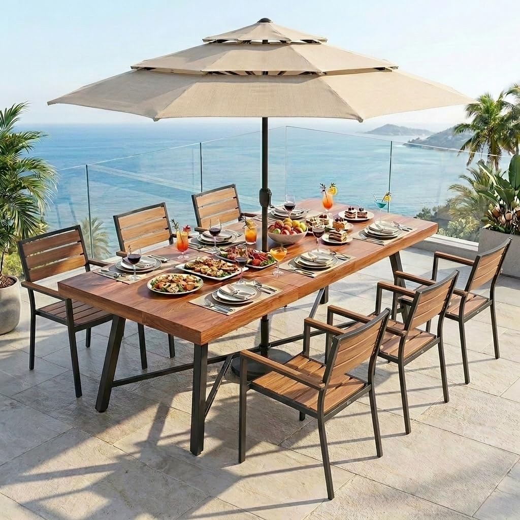 YITAHOME Outdoor Rectangle Dining Table 68.9", Heavy Duty Patio Acacia Wood Dining Table with Umbrella Hole, Solid Wood Rectangle Dining Room Table, 500 LBS