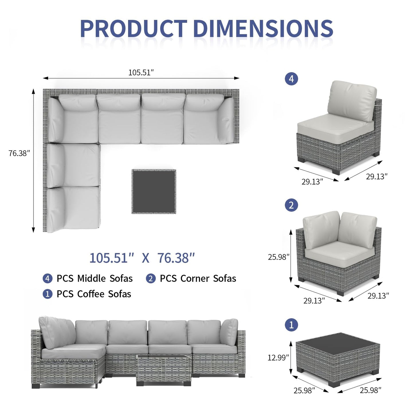 GarveeHome 7 Piece Patio Furniture Set, PE Rattan Wicker Sectional Sofa Set with Cushions & Glass Top Coffee Table, Outdoor Conversation Furniture for Garden, Balcony, Porch, Backyard