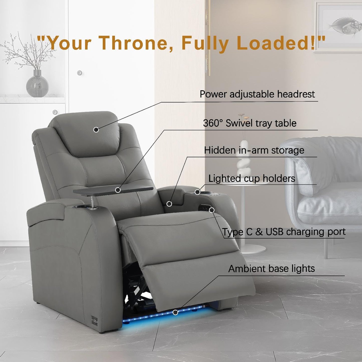 comfiroom Top Grain Leather Home Theater Seating Seats, Simple Style Dual Power Gaming Sofa Movie Theater Chairs Recliner Sofa with Type-C USB Charger (Grey, Row of 1)