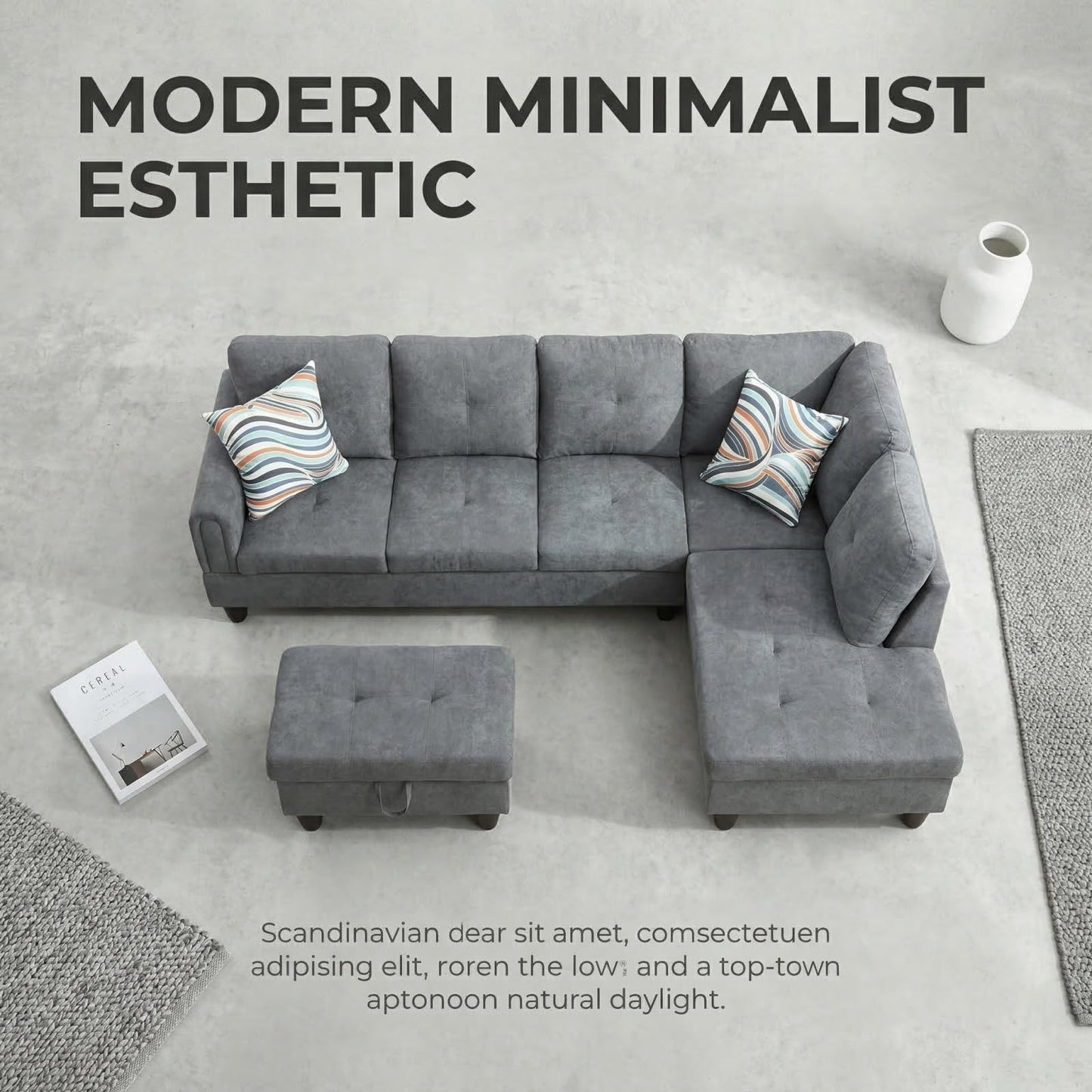 Trygoal L-Shape Sofa with Storage Ottoman, Fluffy Fabric Sectional Couch with Right Chaise, Modern 3-Piece Sofa Set for Living Room, Upholstered Couch Set with Solid Wood Frame, Dark Grey