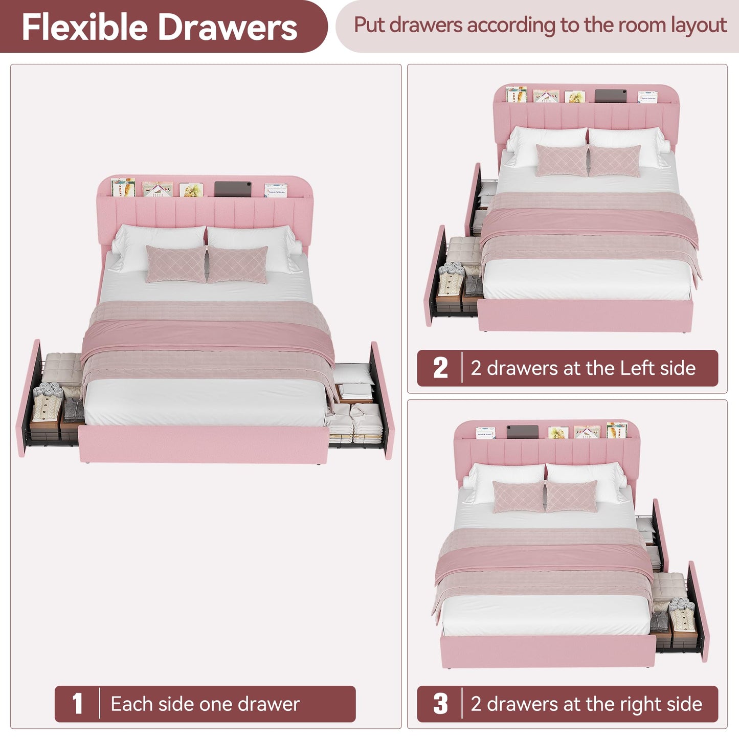 GarveeHome Queen Bed Frame with Storage Headboard, Girls Bed Frame with 2 Drawers, Boucle Upholstered Platform Bed with Bookcase, No Box Spring Needed, Easy Assembly, Light Pink