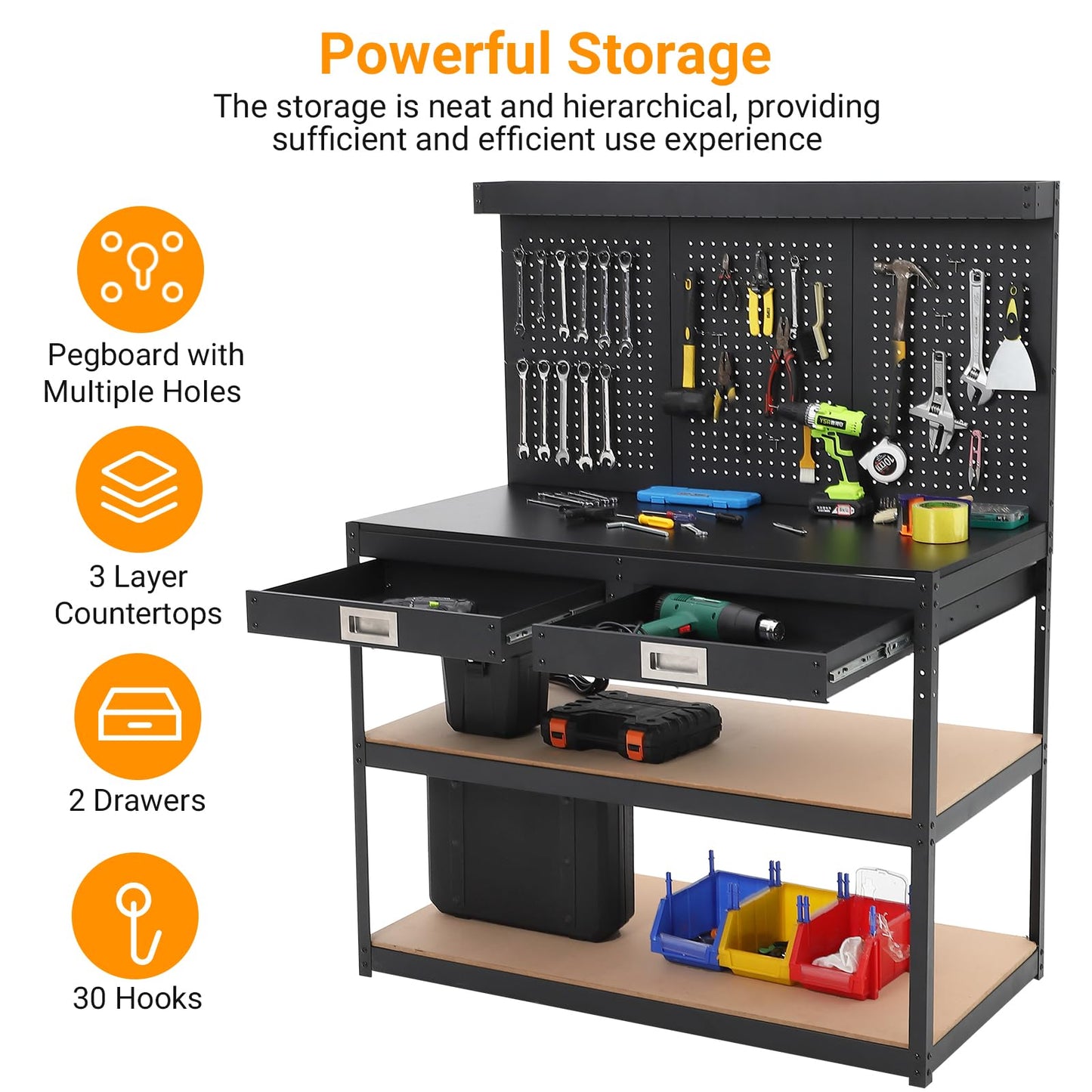 Workbench with Pegboard, 48" x 24" Heavy Duty Work Bench with 2 Large Drawers and 2 Storage Shelves, Garage Tool Organizer with Power Outlets for Workshop, Warehouse, Basement, Home