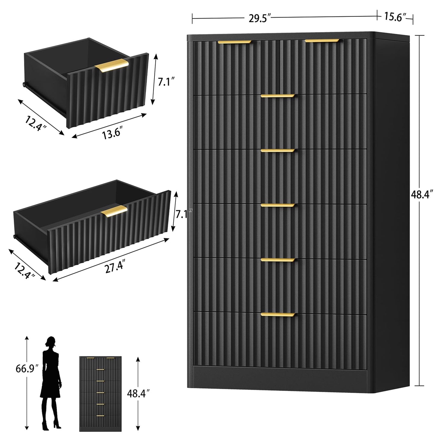 TEENOFN Fluted Dresser for Bedroom with 7 Drawers, 48" Tall Modern Chest of Drawers with Metal Handle, Wooden Dresser TV Stand, Wood Closet Clothes Storage Organizer for Living Room, Hallway, Black