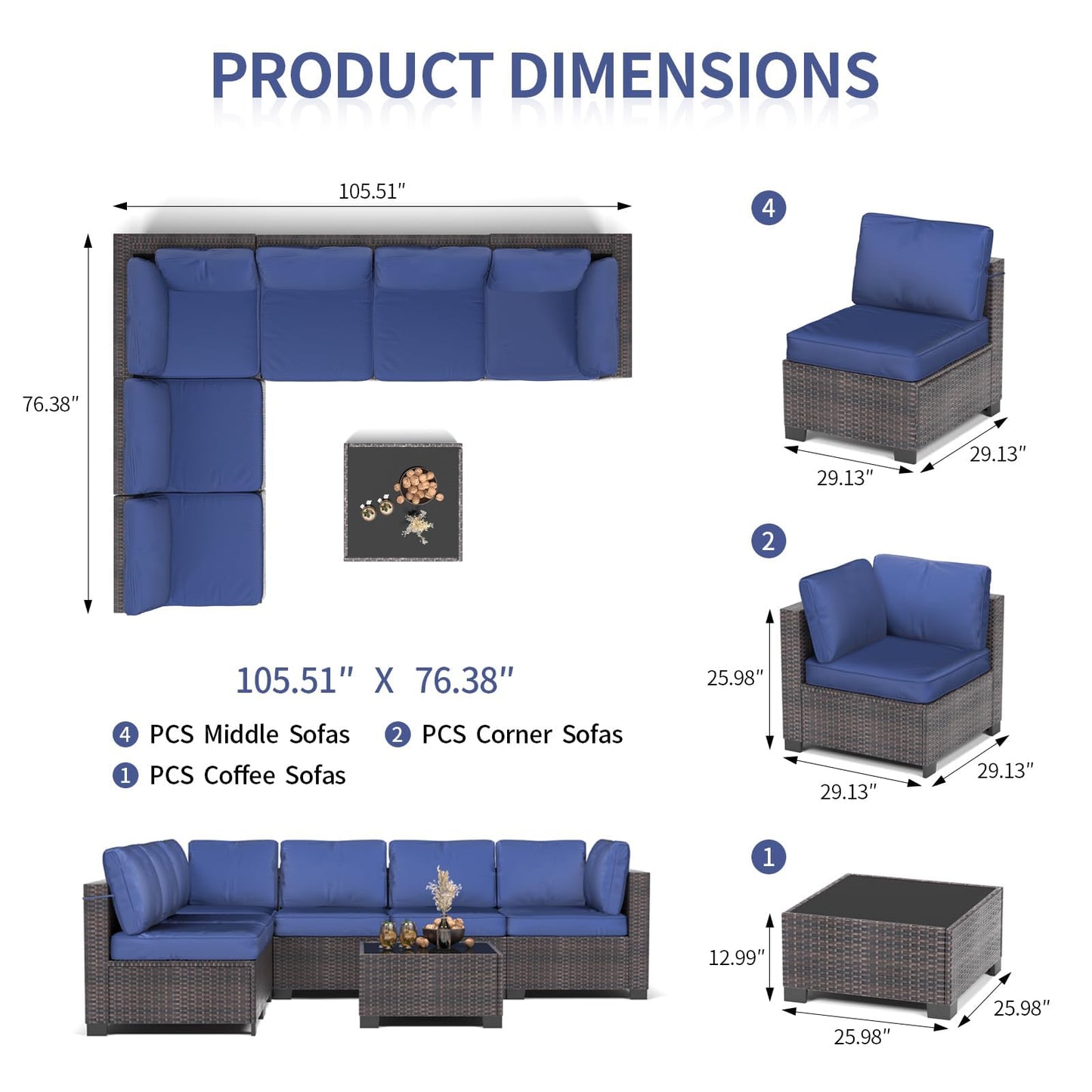 GarveeHome 7 Piece Patio Furniture Set, PE Rattan Wicker Sectional Sofa Set with Cushions & Glass Top Coffee Table, Outdoor Conversation Furniture for Garden, Balcony, Porch, Backyard