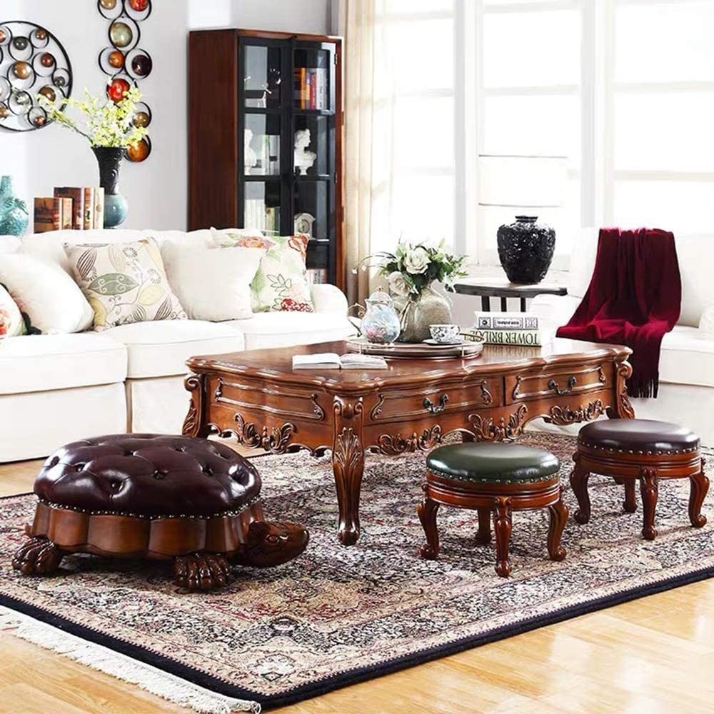 CYYTLFSD Wood Ottoman Footstool,Sofa Stool，Wood Ottoman Foot Rest, Leather Upholstered Vintage Turtle Footrest Stool with Wheels for Living Room