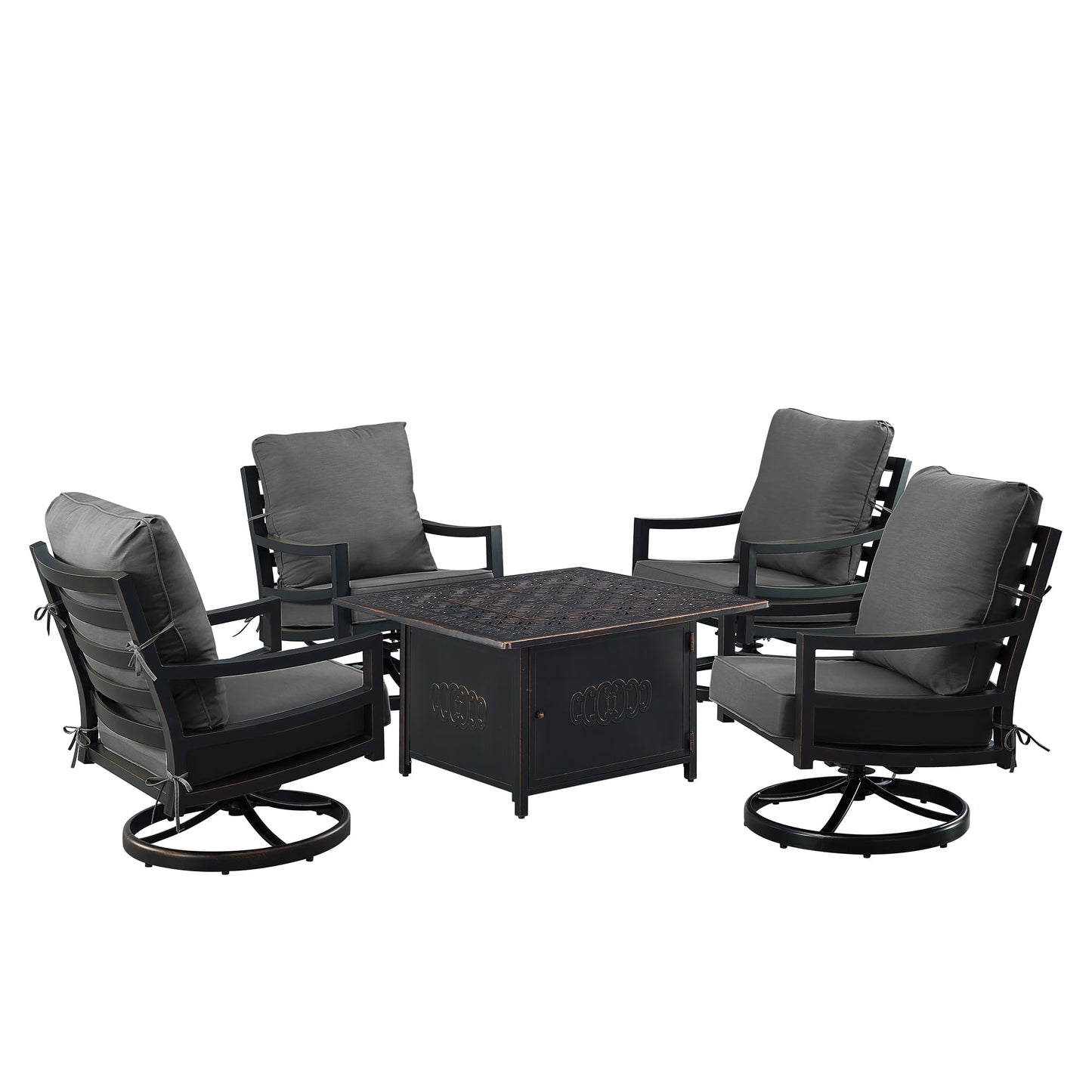 Oakland Living Black Aluminum Patio Fire Table Set with Four Club Chairs with Black Cushions