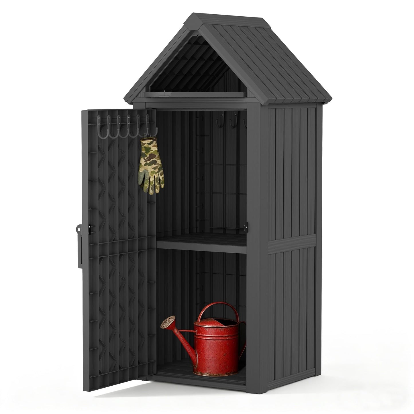WTFGO Vertical Outdoor Storage Shed, Waterproof Resin Outdoor Storage Cabinet with Removable Shelves & 12 Hooks, Lockable Small Tool Shed for Garden, Backyard, Patio, Pool, Black