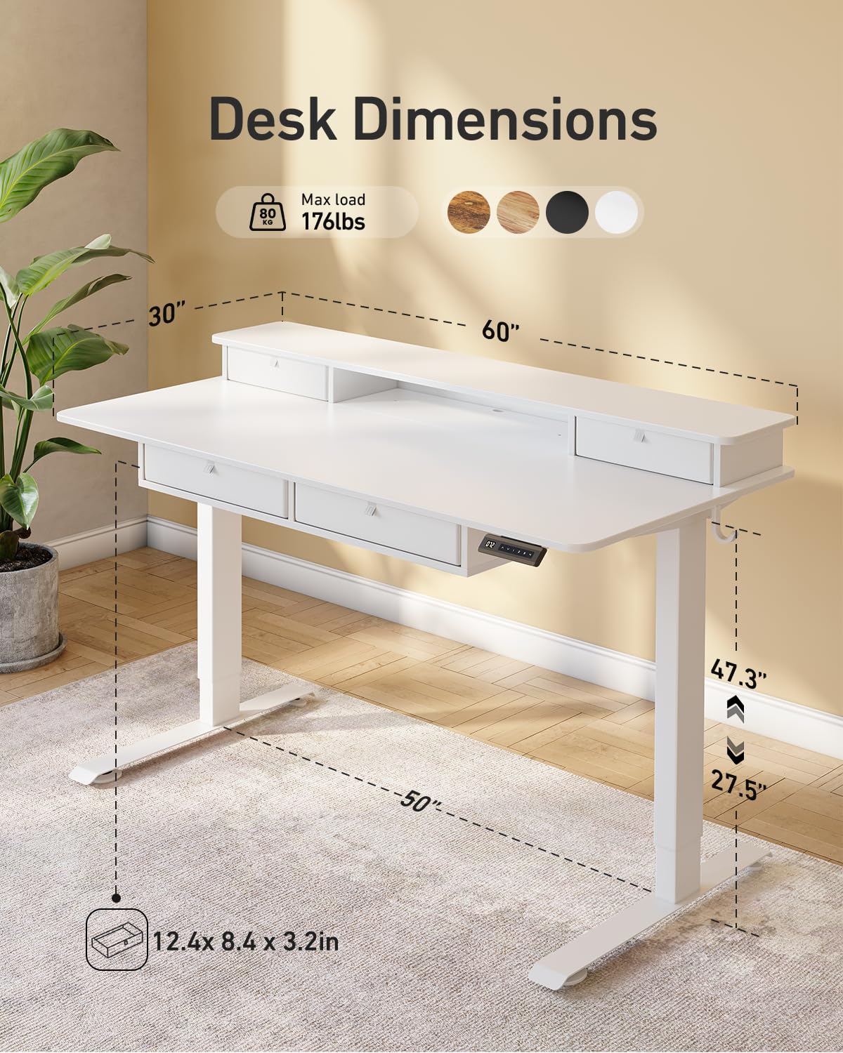 CubiCubi 60" x 30" Standing Desk with Drawers, Height Adjustable Electric Workstation, Computer Sit Stand Up Table with Large Storage Shelf 4 Drawers and 2 Hooks, White