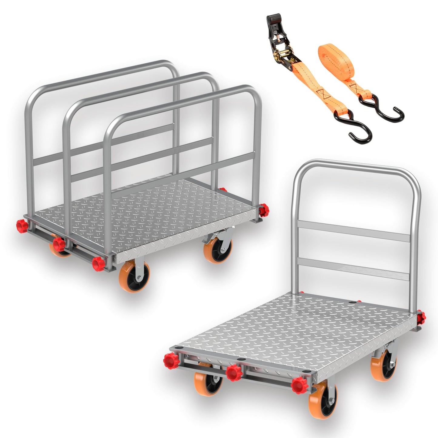 SCBoutique 2500 LBS 2-in-1 Steel Panel Truck Cart - Heavy Duty Lumber Cart Drywall Dolly with 40 x 24 Inch 2MM Plate, 6 Inch Swivel Brake Wheels & 1 Front 3 Side Handrails