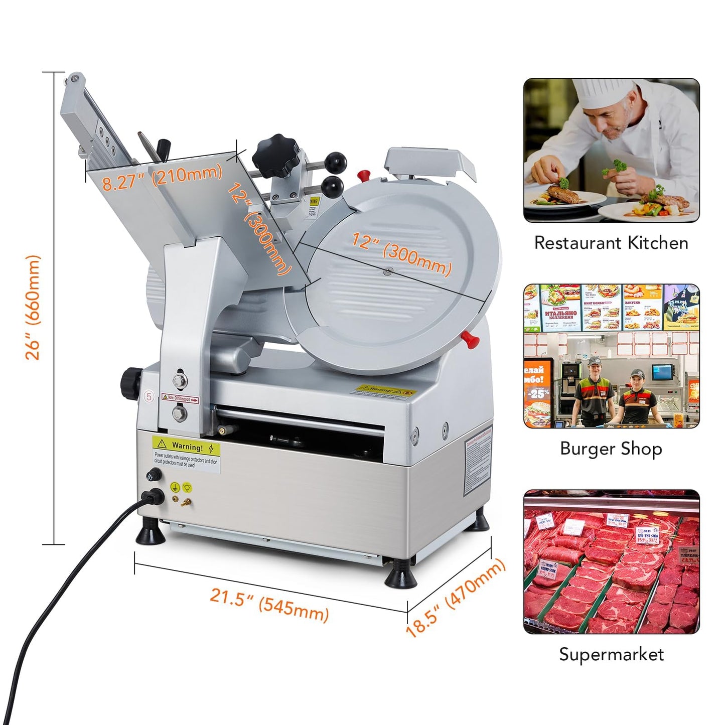 Commercial Automatic Deli Meat Slicer for Home & Kitchen – 550W Dual Motors, 12" Carbon Steel Blade, 0-14mm Adjustable Cut, Built-In Sharpener, Aluminum-Magnesium Alloy Body, Safety Features Included