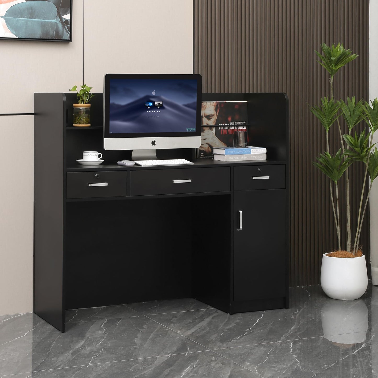 Houseables Receptionist Desk, Reception Desk with Counter, Checkout Counter, Cashier, Front Office, Small Spaces, Retail Table, Modern, Black, for Cash, Lobby, Salon, Store, Check Out/in, 47x44x19in