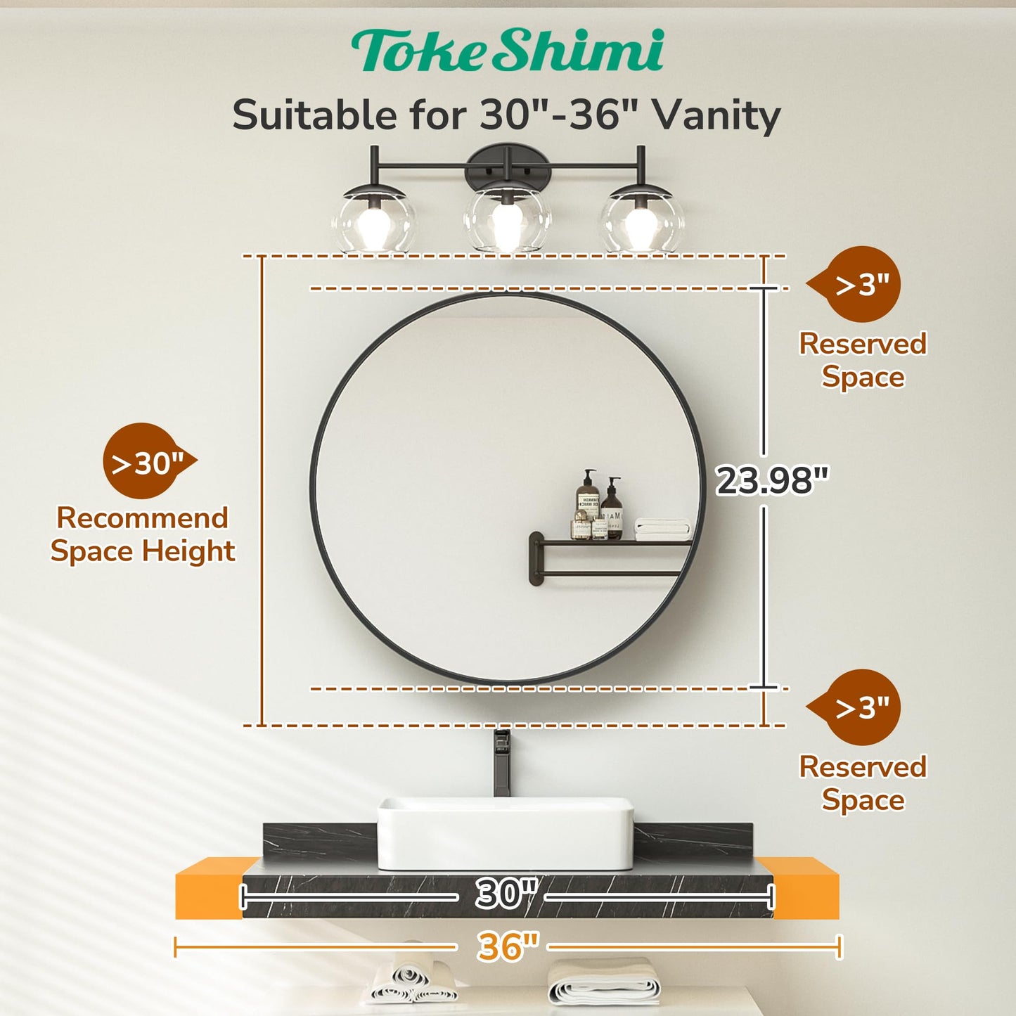 TokeShimi 24 x 24 Round Medicine Cabinet with Mirror, Black Medicine Cabinet, Circle Bathroom Mirror with Storage, Shatterproof with Metal Frame, Detachable Shelves, Wall Mounted Only