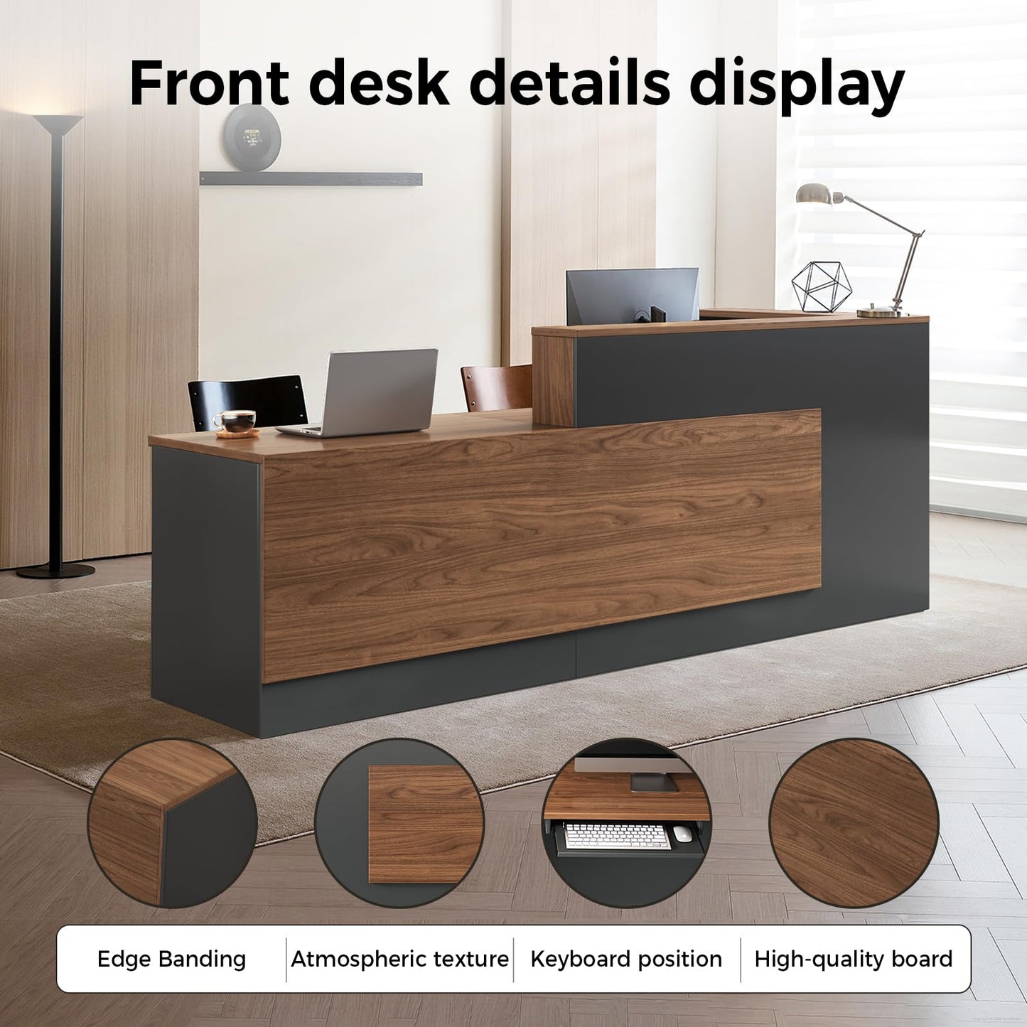 Huariifowm 87" L-Shaped Reception Desk with Counter, Front Desk with Lockable Drawer, Keyboard Tray & Shelves for Salon, Clinic, Retail & Office Lobby, Iron Gray & Walnut Brown, Left Cabinet