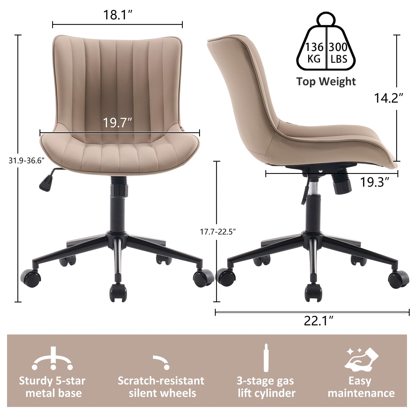 Kidol & Shellder Khaki Leather Home Office Desk Chair with Wheels Modern Cute Armless Executive Swivel Vanity Chair with Comfy Padded Back Ergonomic Rolling Adjustable Computer Task Chair Small
