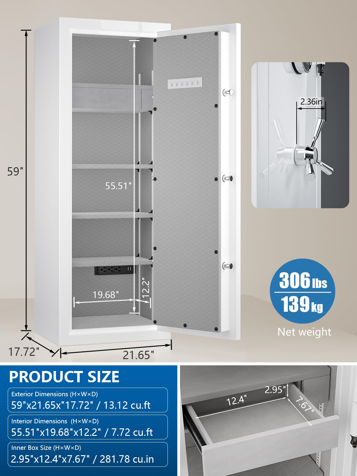 TIGERKING Extra Large Fireproof Home Safe, 13.12 Cu Ft, White Luxury Gloss Design with Built-In Jewelry Drawer, 306 lb Heavy-Duty Steel, 40-Min Fire Resistance, Digital Keypad Lock
