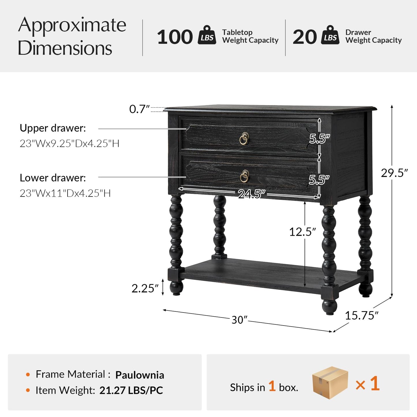 HULALA HOME Farmhouse Storage End Table with 2 Drawers and Open Shelf, Solid Wood Side Table with Spindle Legs, End Table with Charging Station (Charcoal)
