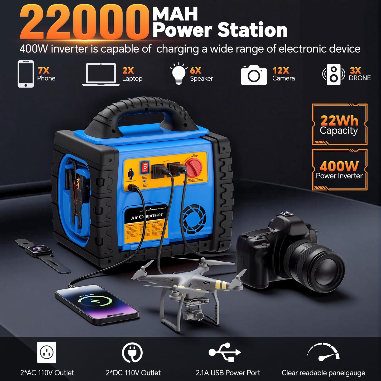 Car Jump Starter with Air Compressor, 2200A Battery Booster Pack for Up to 8.0L Gas & 6.0L Diesel, 150PSI Tire Inflator, 400W Portable Power Station with AC Outlet, 6-in-1 Jump Box for Cars, Trucks