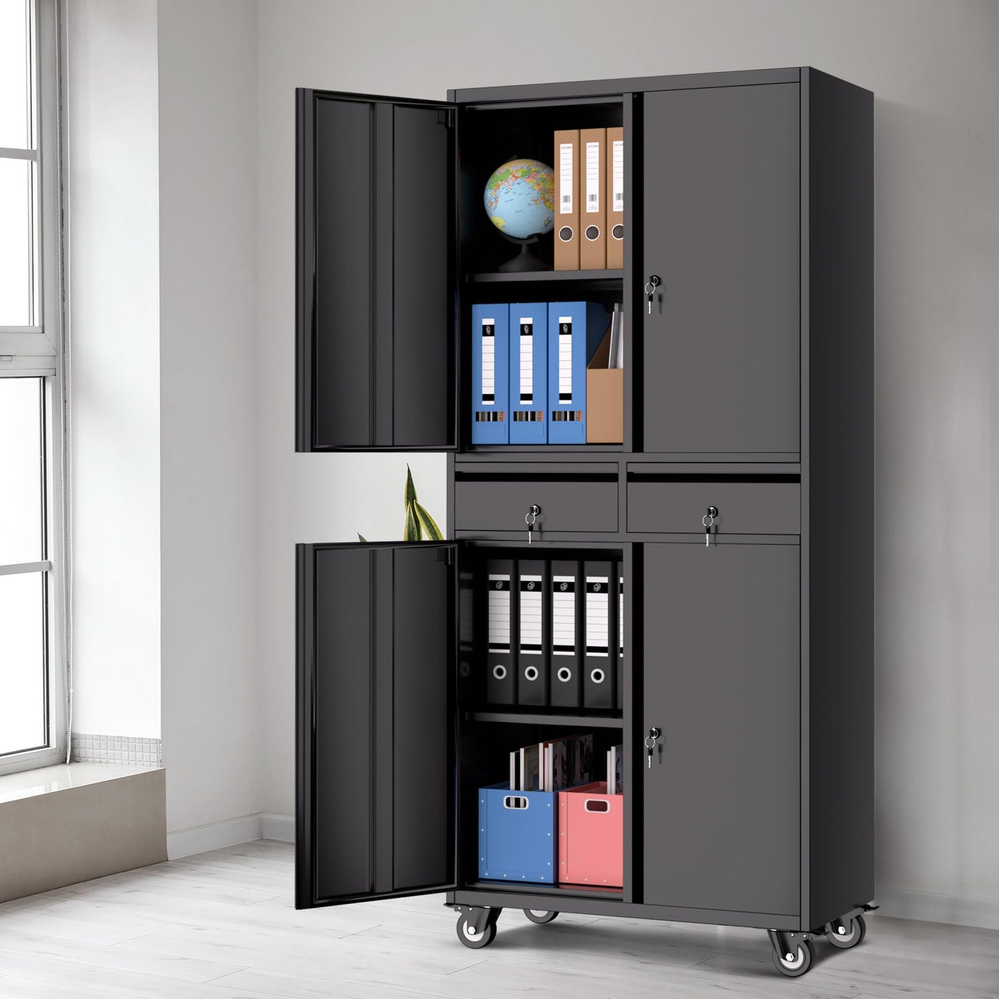 GarveeHome Garage Storage Cabinet, 73'' Metal Storage Cabinet with Wheels and Adjustable Shelves, Heavy Duty Storage Cabinet with Locking Doors and 2 Drawers for Office and Garage, Black