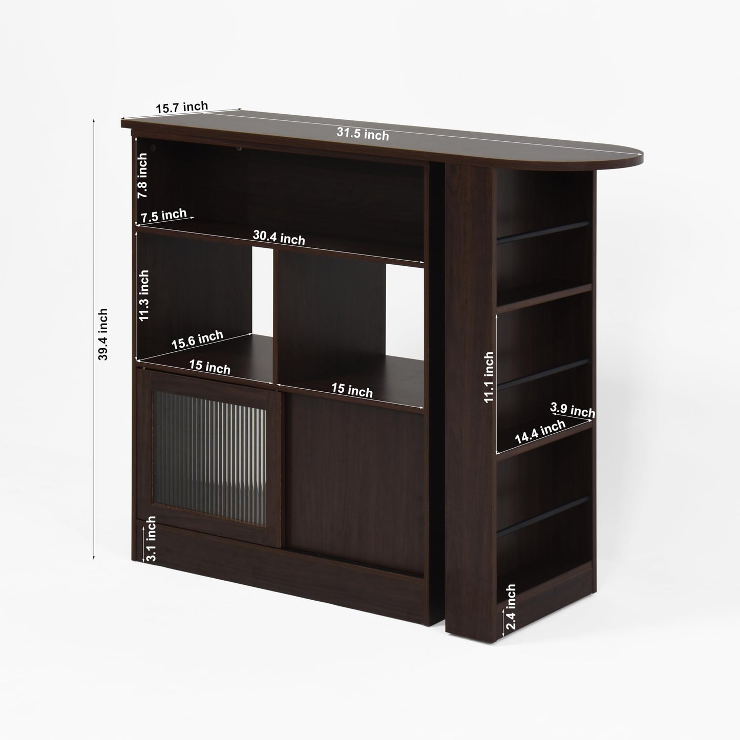 KEIKI 360° Rotating and Extendable Bar Table, Modern Bar Cabinet with Rotating Top, Storage Space, Ribbed Glass Doors, Counter Height Dining Cabinet for Apartment, Dining Room, Living Room, Walnut