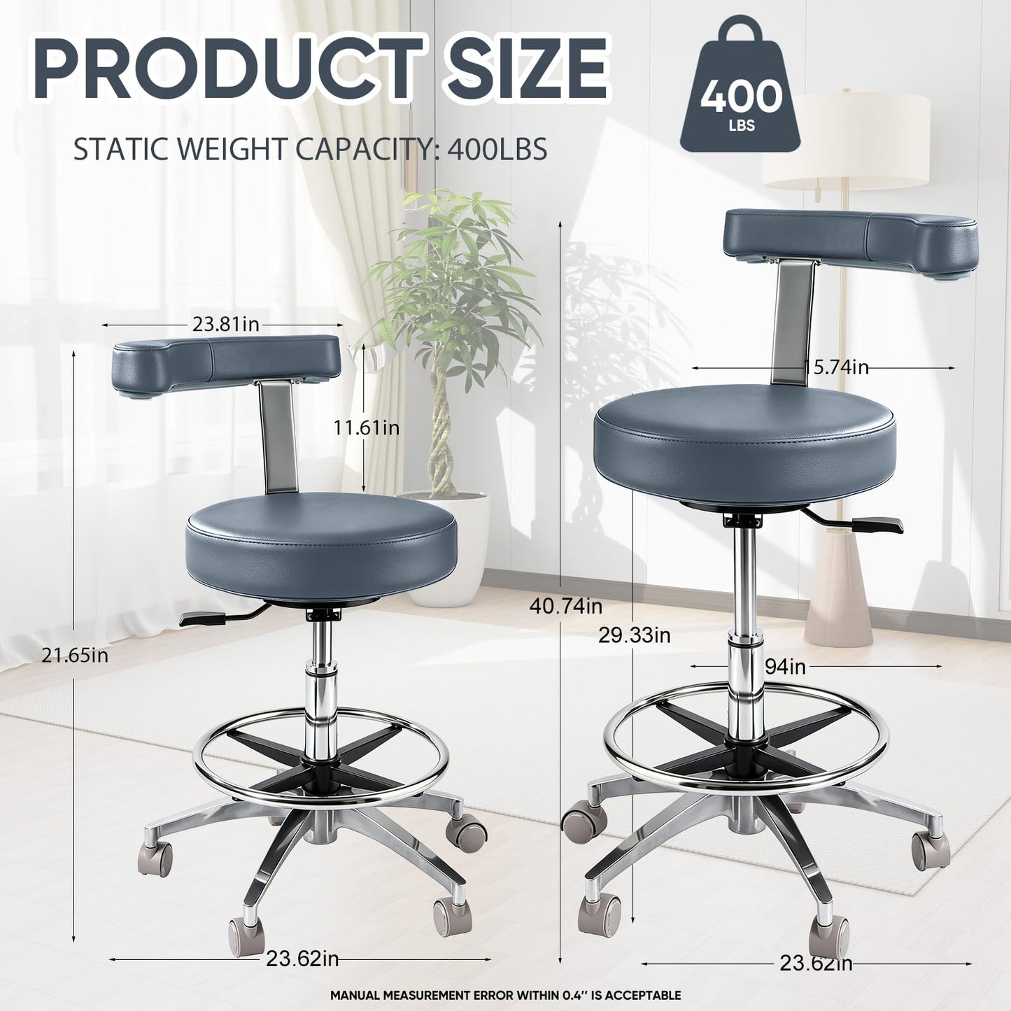 Rolling Stool with Back Support | Heavy Duty Stool 400lbs,2-in-1 Armrest Backrest Adjustable Height Swivel Chair,PU Leather Ergonomic for Dentist Hygienist Tattoo Artist Salon Lab Home Office-Grey