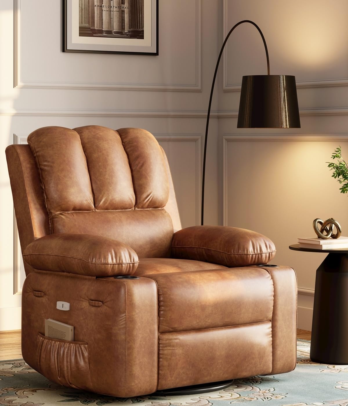 Garvee 27" Power Recliner Chair for Adults with Massage and Heat 360° Swivel Oversized Leather Recliner Chair Large Seat Width with USB Ports & Side Pockets for Living Room Bedroom, Two-Tone Retro