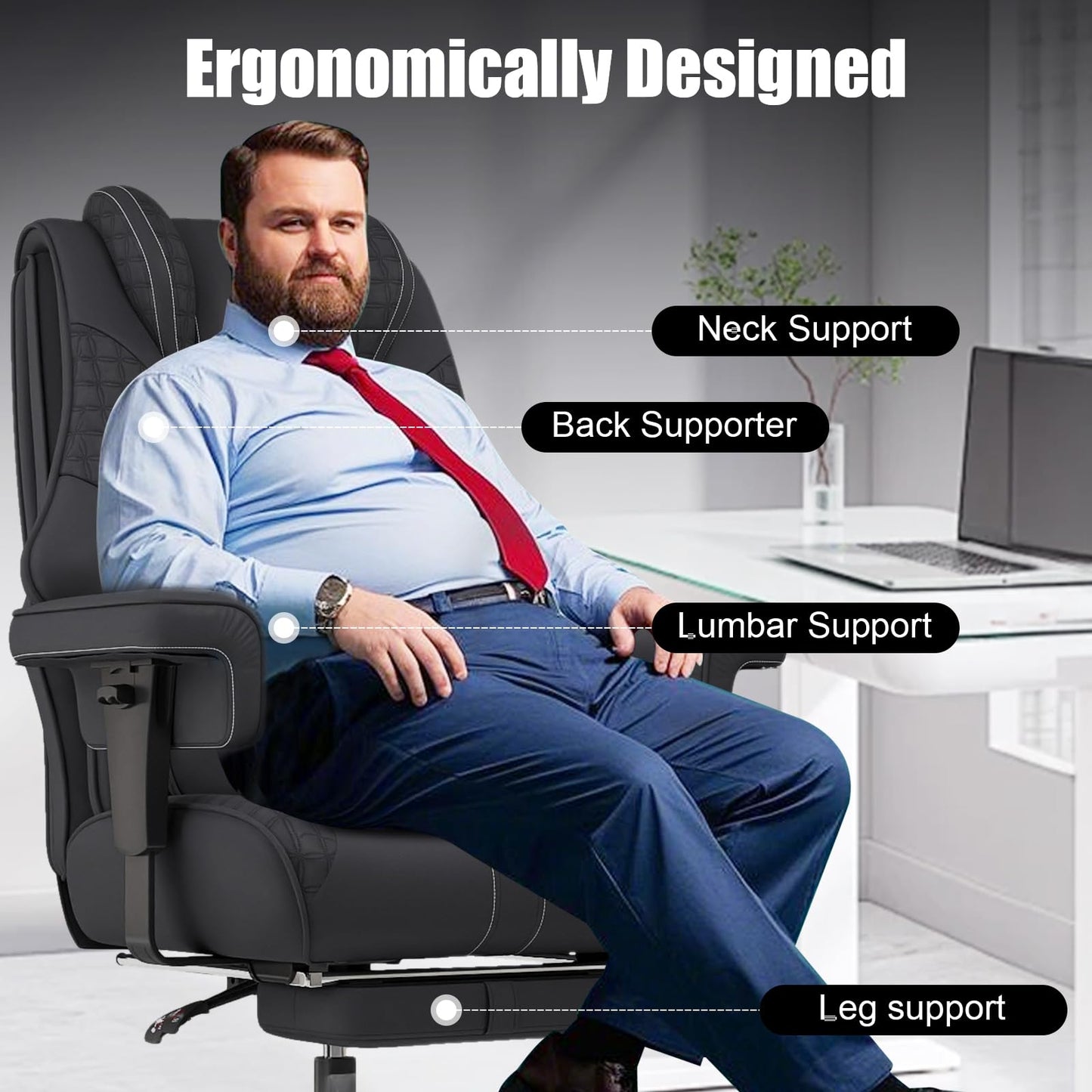 400lbs Big and Tall Office Chair, Wide Ergonomic Leather Executive Chair for Heavy People with Foot Rest, High-Back Reclining Computer Chair with Swivel Wheels and Lumbar Support (Black)