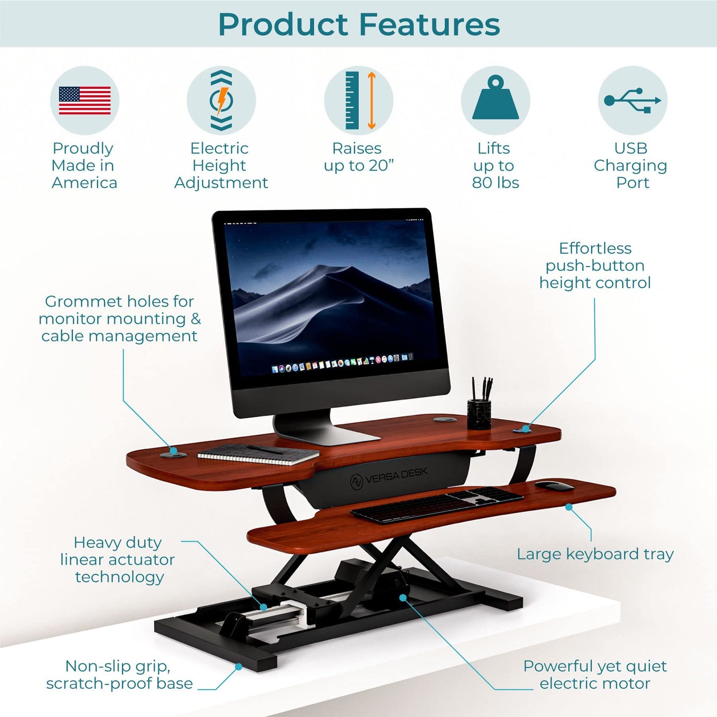 VERSADESK PowerPro 36 Inch Electric Standing Desk Converter – Push-Button Height Adjustable Sit to Stand Desk Riser for Dual Monitors & Laptop – Motorized Desktop Workstation with Wide Keyboard Tray