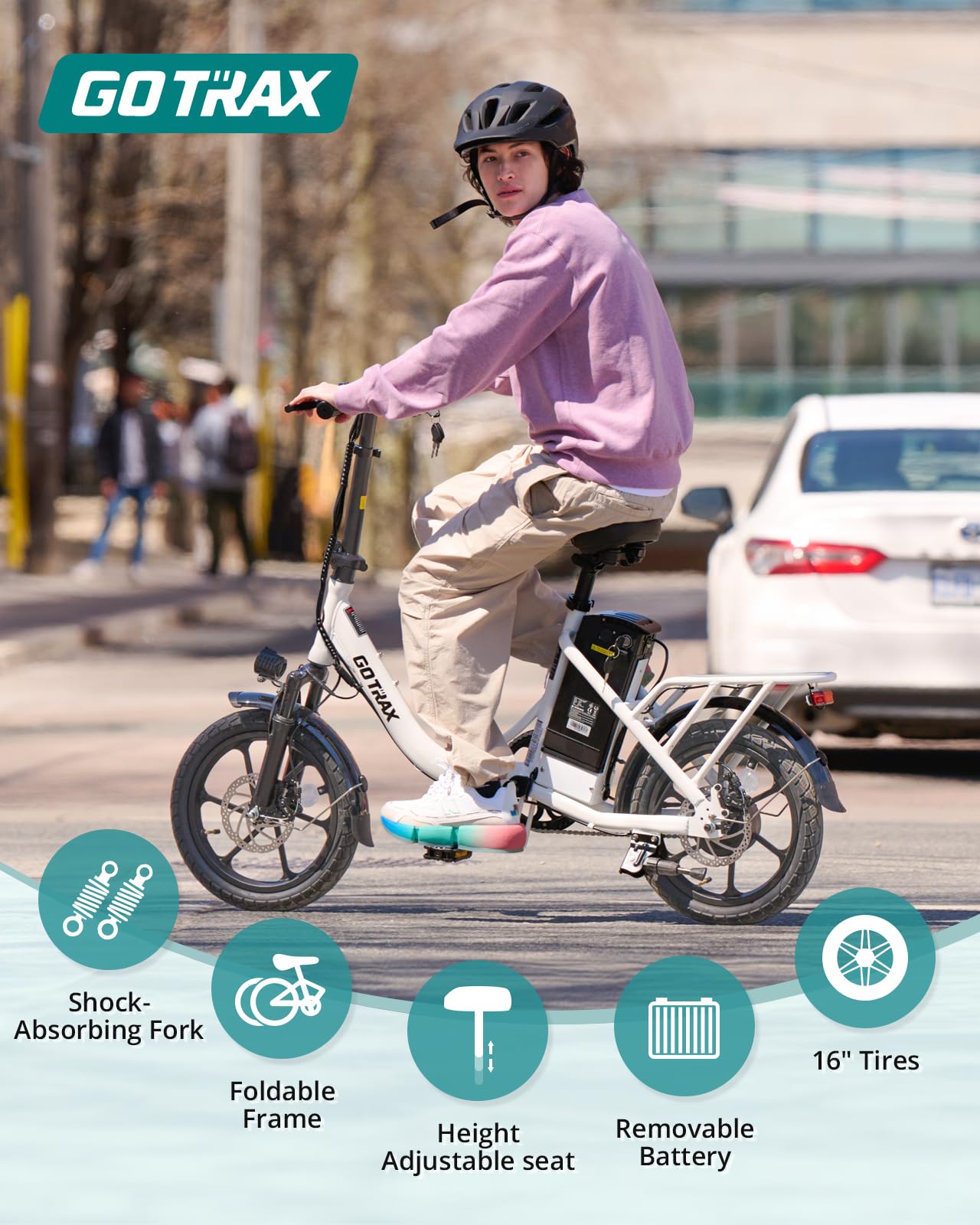 Gotrax S4 16" Folding Electric Bike, Max Range 28Miles(Pedal-Assist) &15.5Mph Power by 350W Motor, Front Suspension&Adjustable Seat and Handlebar, Commuter Electric Bicycle for Adults White