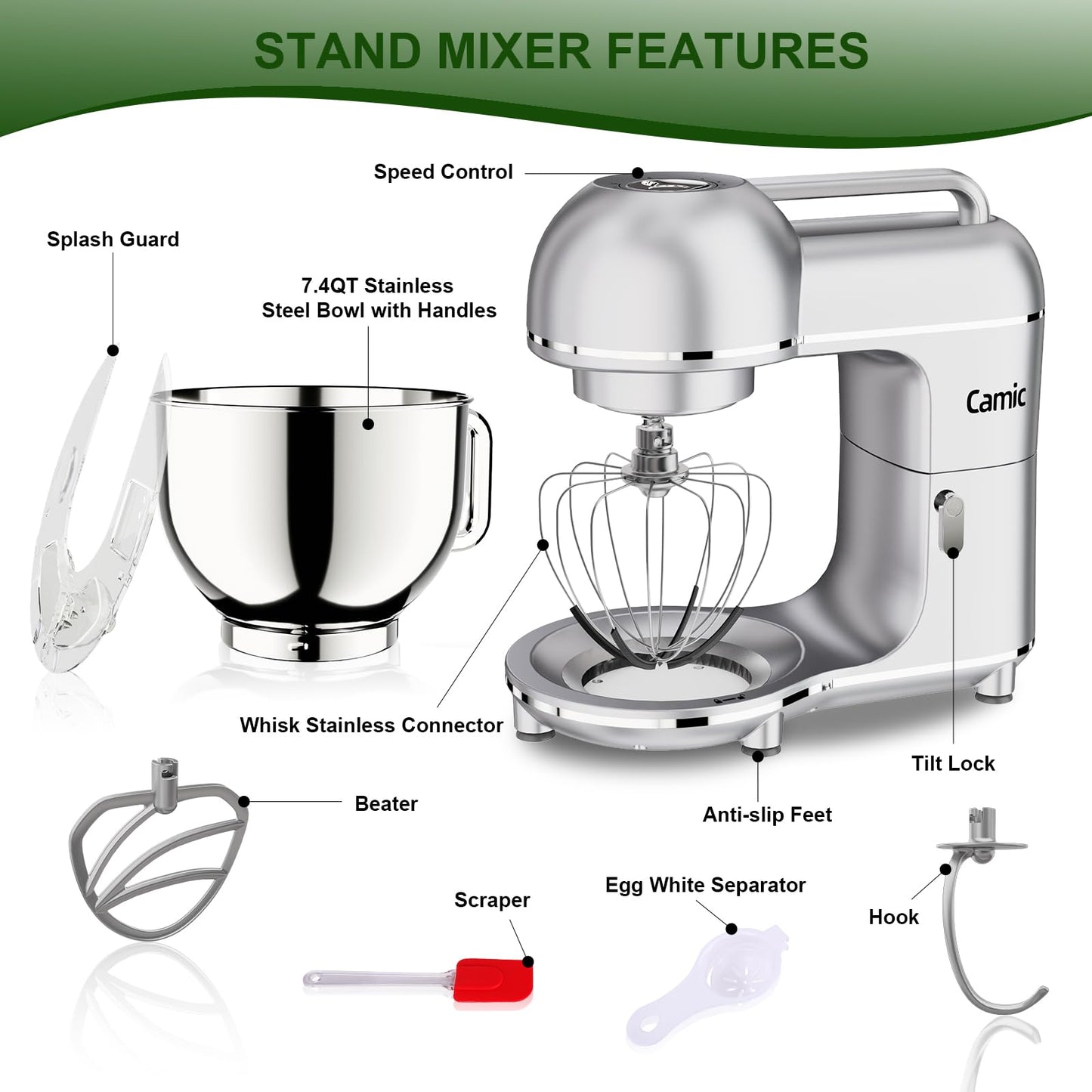 Camic Electric Stand Mixer,7.45 QT,10 Speeds with Dough Hook,Whisk, Flat Beater Attachments, Splash Guard, Easy-Carry Top Handle,3-IN-1 Kitchen Mixer for Baking Cakes Cookie Bread Salad (Silver)