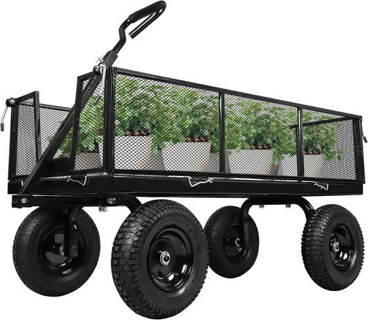 Taifa Heavy Duty Steel 1100 Lb Wagon Garden Carts with Removable Side Panels Turn Into Flatbed, All Terrain Utility Cart with 11.5" Tire, 180° Rotating Handle for Outdoor, Garden, Farm, Yard, Black