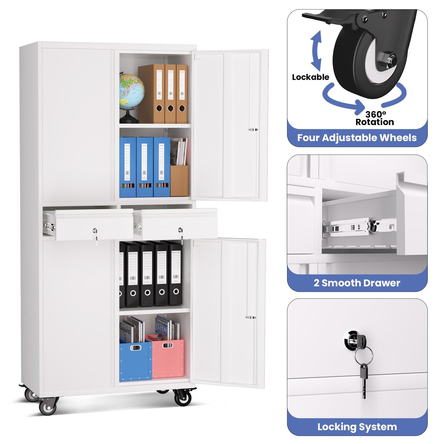 Metal Storage Cabinet with Wheels, 72” Rolling Garage Organizer with Locking Doors & 2 Drawers, Heavy Duty Steel Tool Cabinet with 3 Adjustable Shelves, Lockable Filing Cabinet for Home Office