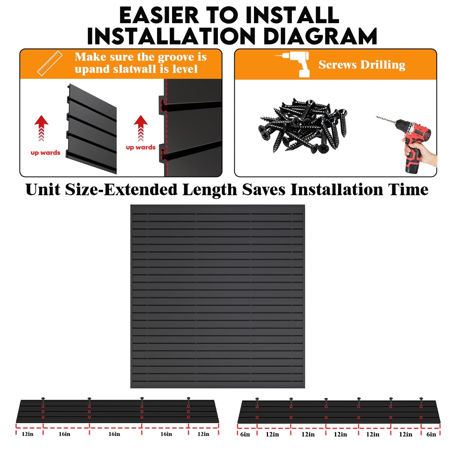 Garage Slat Wall Storage Systems Heavy Duty, Slatwall Panels Garage Wall Organizer 6x1FT Large Panel, Slat Wall Paneling Slat Board PVC Wall Panels Garage Storage Organization (BLACK, 6x1FT-6PANEL)