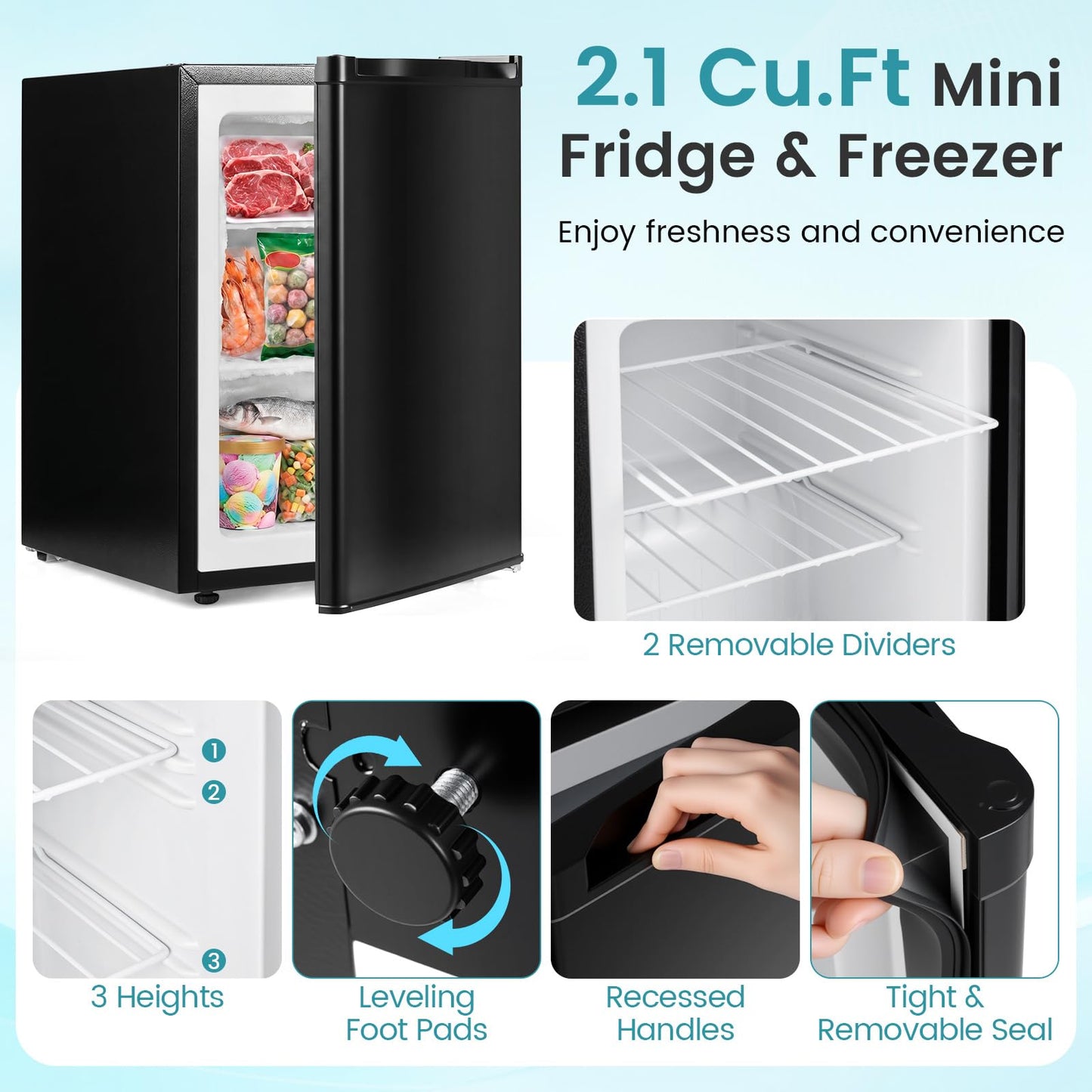 DORTALA Mini Freezer, 2.1 Cu.Ft Small Compact Upright Freezer with Reversible Door, Adjustable Thermostat, Removable Shelves, Quiet Freezer for Dorm Office Apartment (Black)