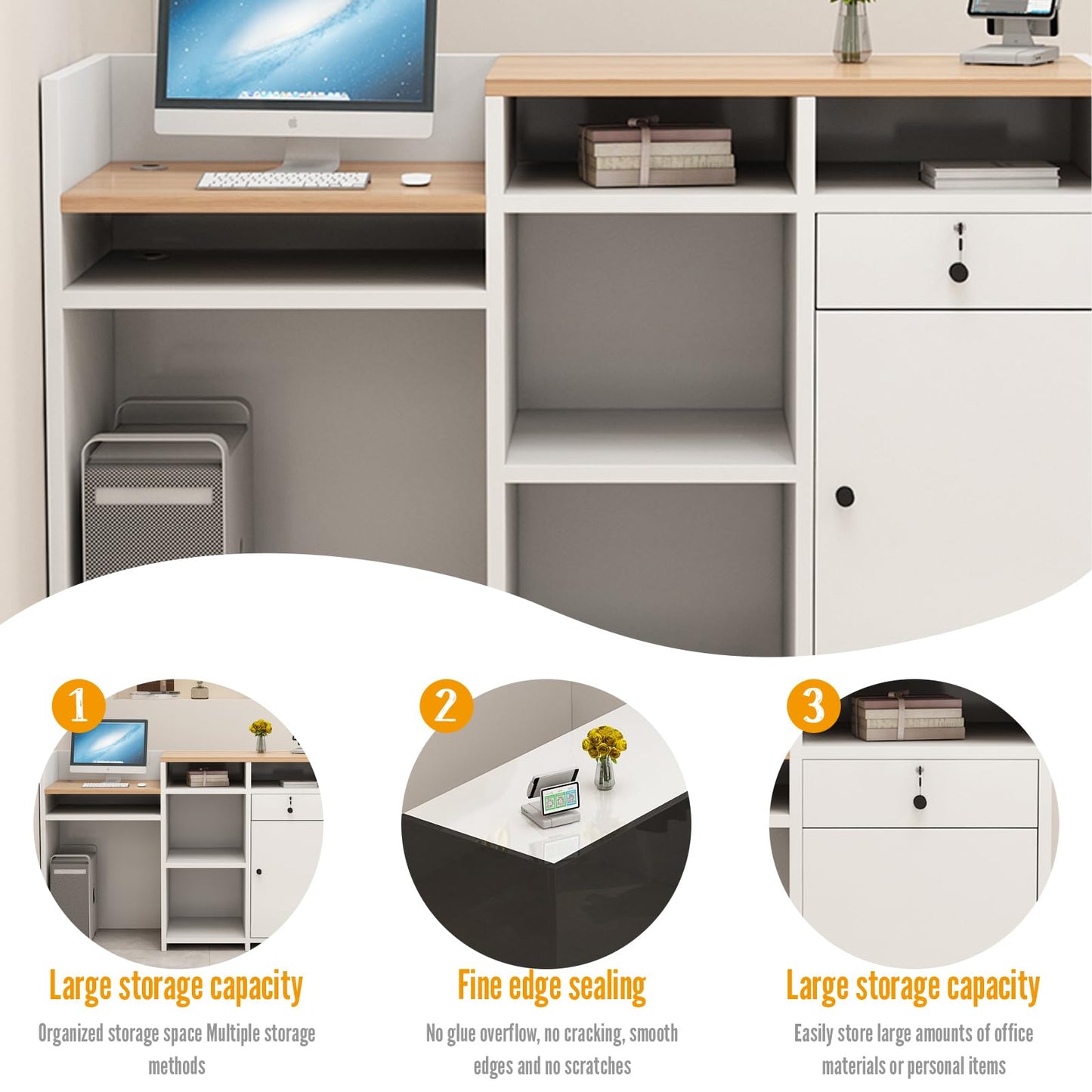 Reception Desk with Counter, L 35.4-74.8'' , Modern Front Desk Reception Counter, Solid wood ecological board, large storage space,with Storage Drawers, front office desk for Salon, Office, Lobby