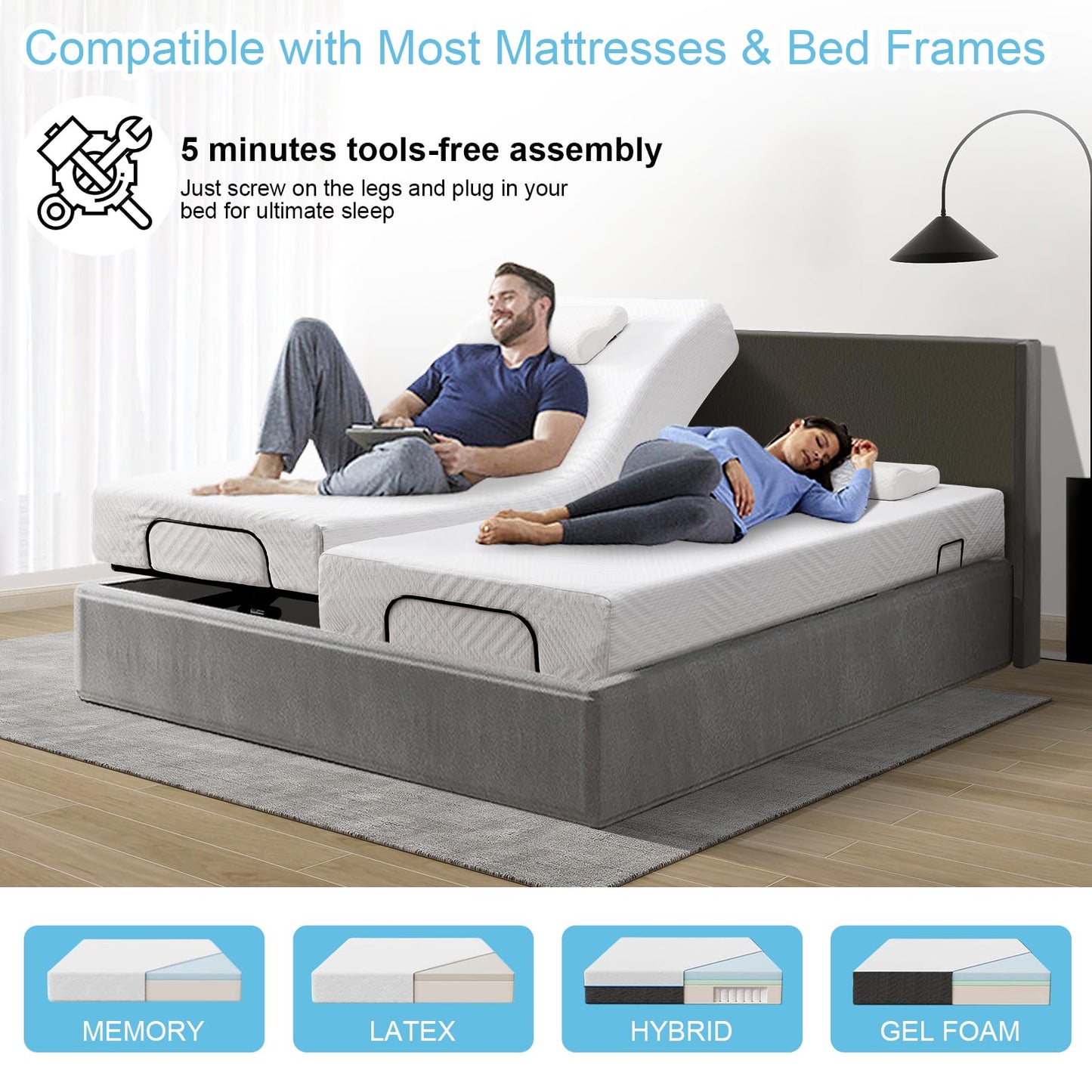 MUUEGM Adjustable Bed Frame Base Twin XL Massage,Wireless Remote Control,Ergonomic Electric Head and Foot Incline,Zero Gravity,Anti-Snore,USB Ports,Easy Assembly,Under-Bed Nightlight,Memory Pre-Sets