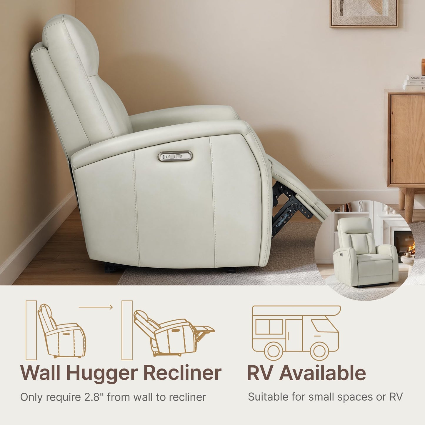 KISLOT Wall Hugger Power Recliner Chair with USB & Type-C Ports Faux Leather Recliner 135° Reclining Small Space Electric Sofa for RV Living Room Bedroom