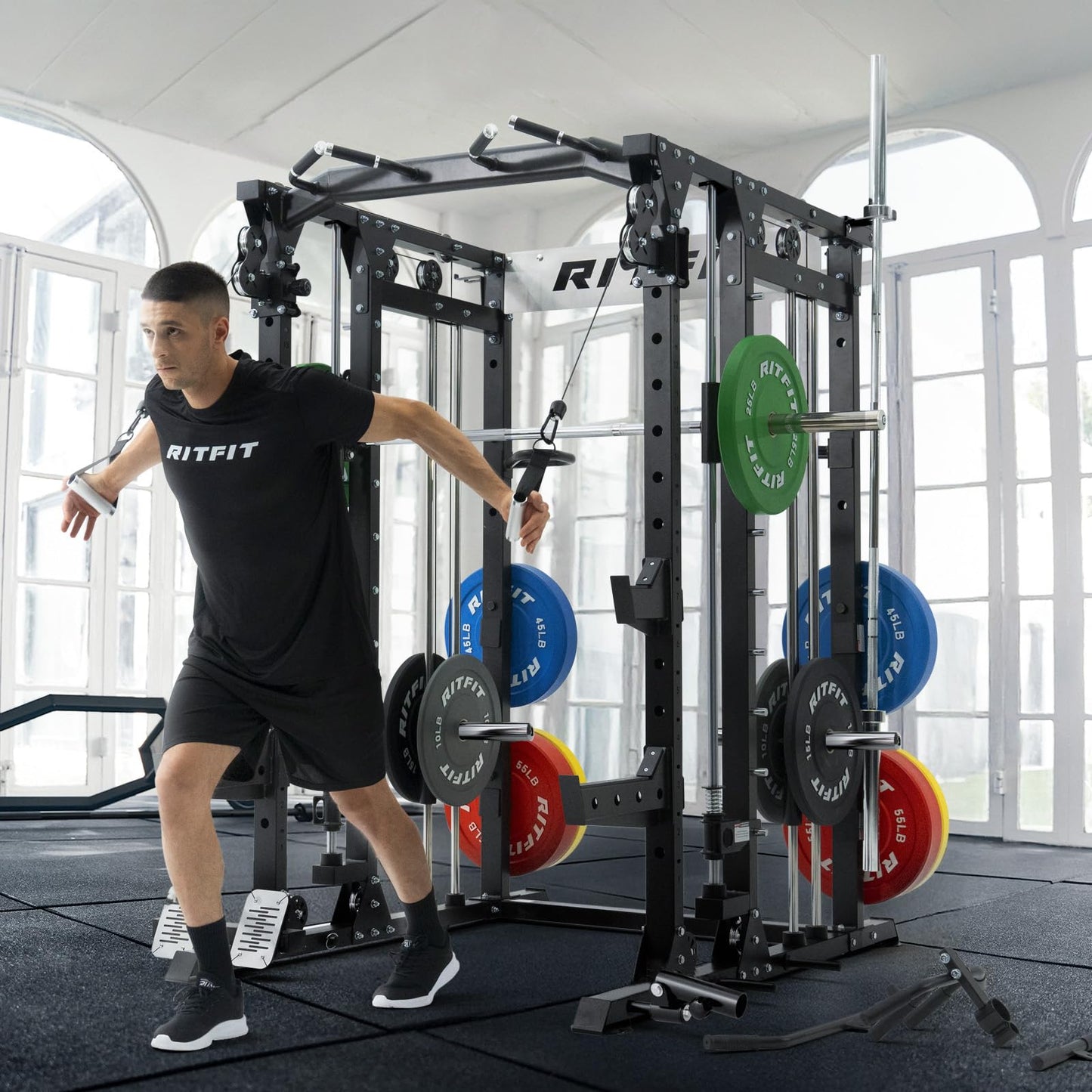 RitFit Buffalo Smith Machine, Power cage with LAT-Pull Down System & Cable Crossover System, All-in-One Squat Rack for Home Gym, Power Rack