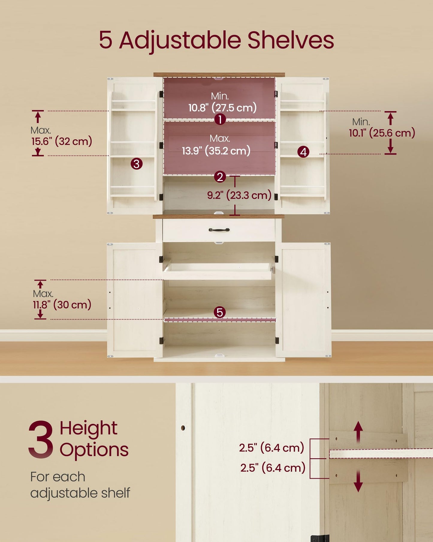VASAGLE LIRY Collection - Pantry Cabinet, 70.3-Inch Tall Farmhouse Kitchen Storage Cabinet with Barn Doors, Drawer, Tray, Adjustable Shelves, for Kitchen, Dining Room, Rustic White UBBK364WJ01S