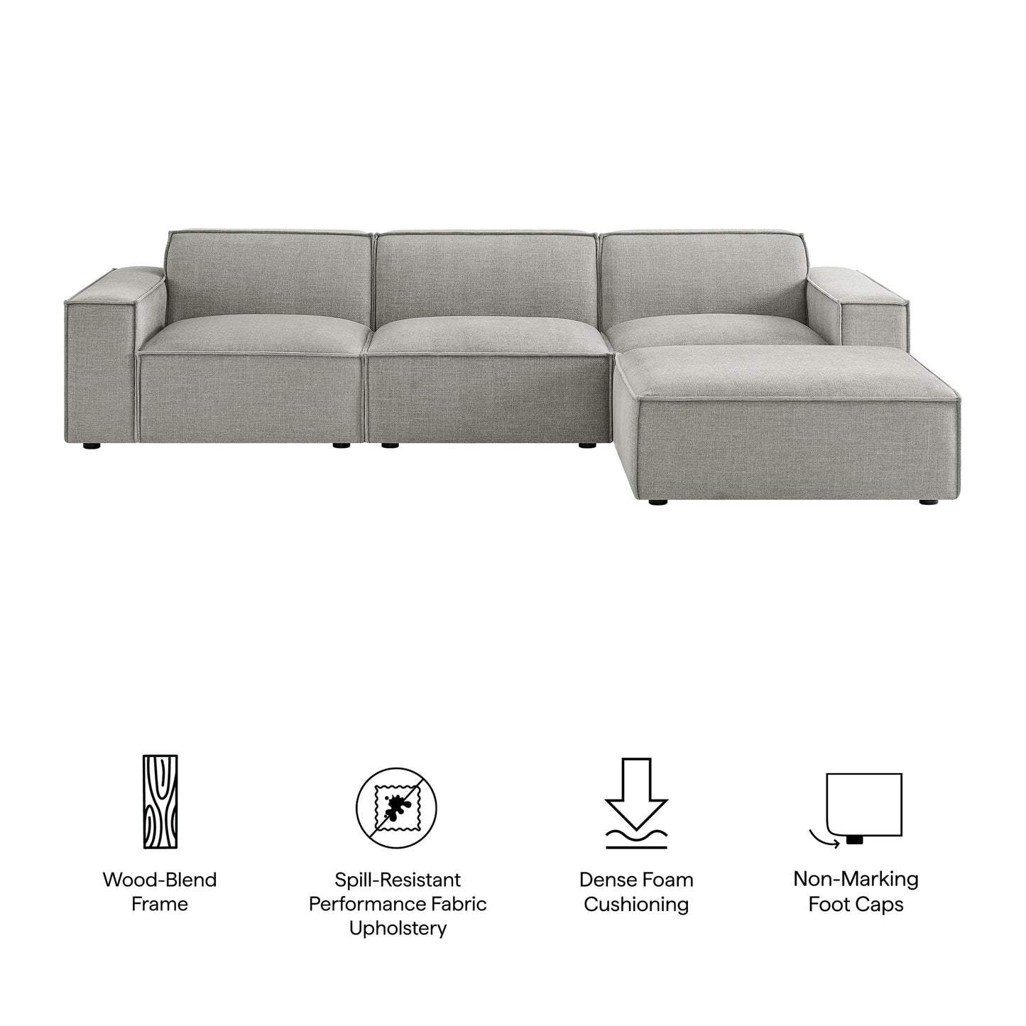Modway Restore Performance Fabric Upholstered 4-Piece Modular Sofa Set with Ottoman in Pewter - Low Profile Sectional Sofa with Coil Seat Support and French Piping
