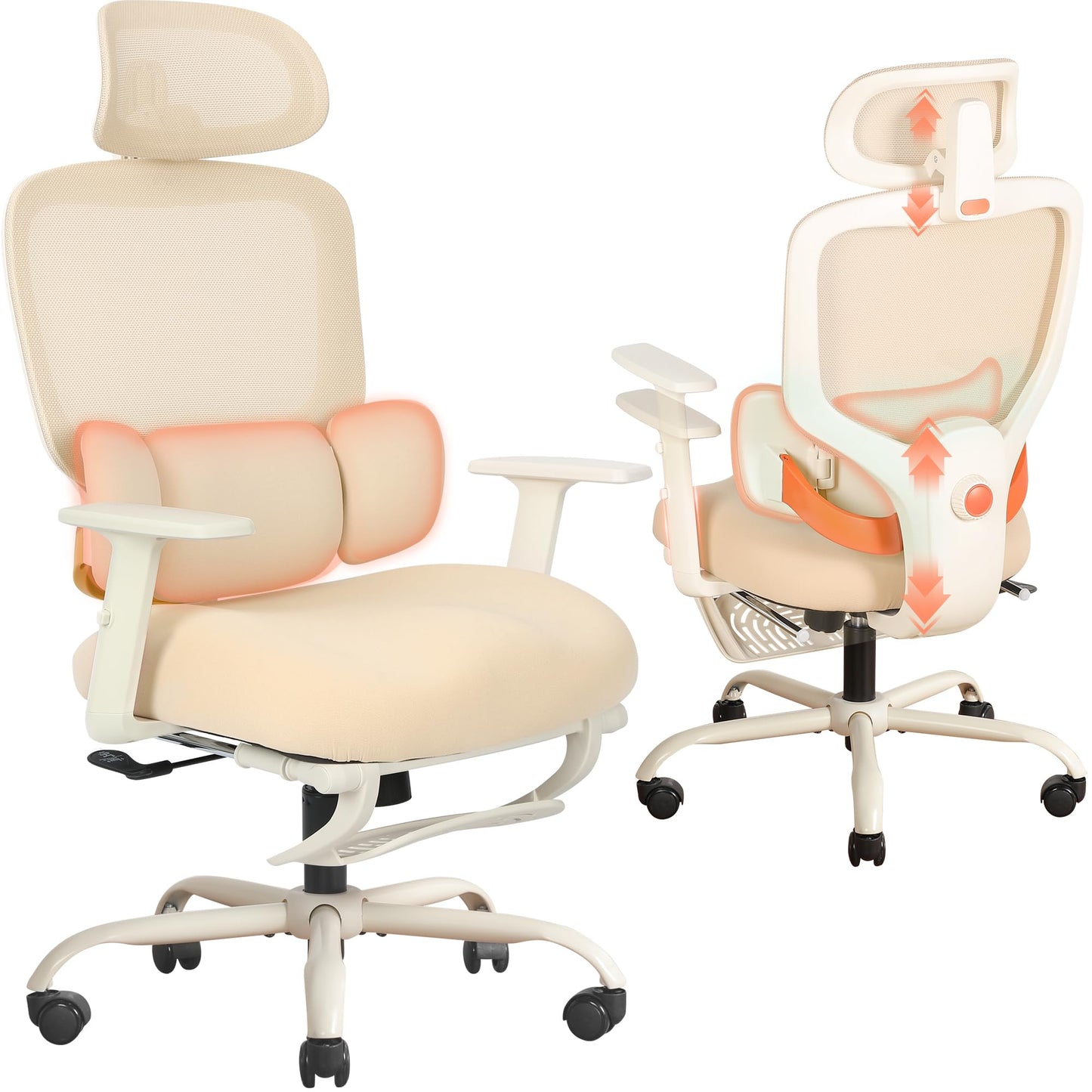 Ergonomic Office Chair with Footrest, Mesh Desk Chair with Adjustable Headrest & Armrests & Dynamic Floating Wing Lumbar Support, High Back Computer Chair for Home Office, BIFMA Certified, Beige