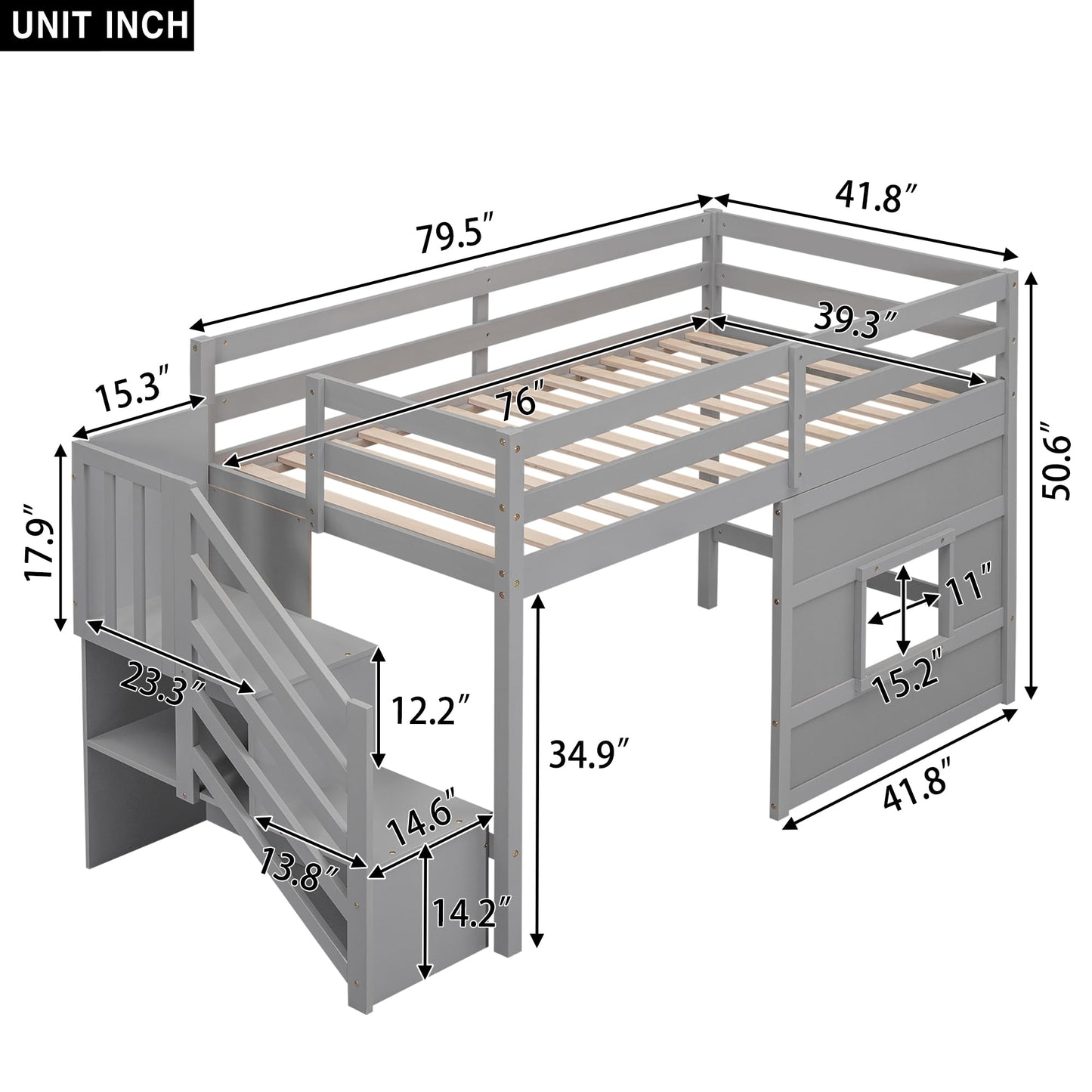 Merax Twin Size Loft Bed with Storage Staircase, Solid Wood Loft Bed Frame with LED Light and Safety Guardrail, Under-Bed Play Space, Playhouse Beds for Kids, Boys, Girls,Grey